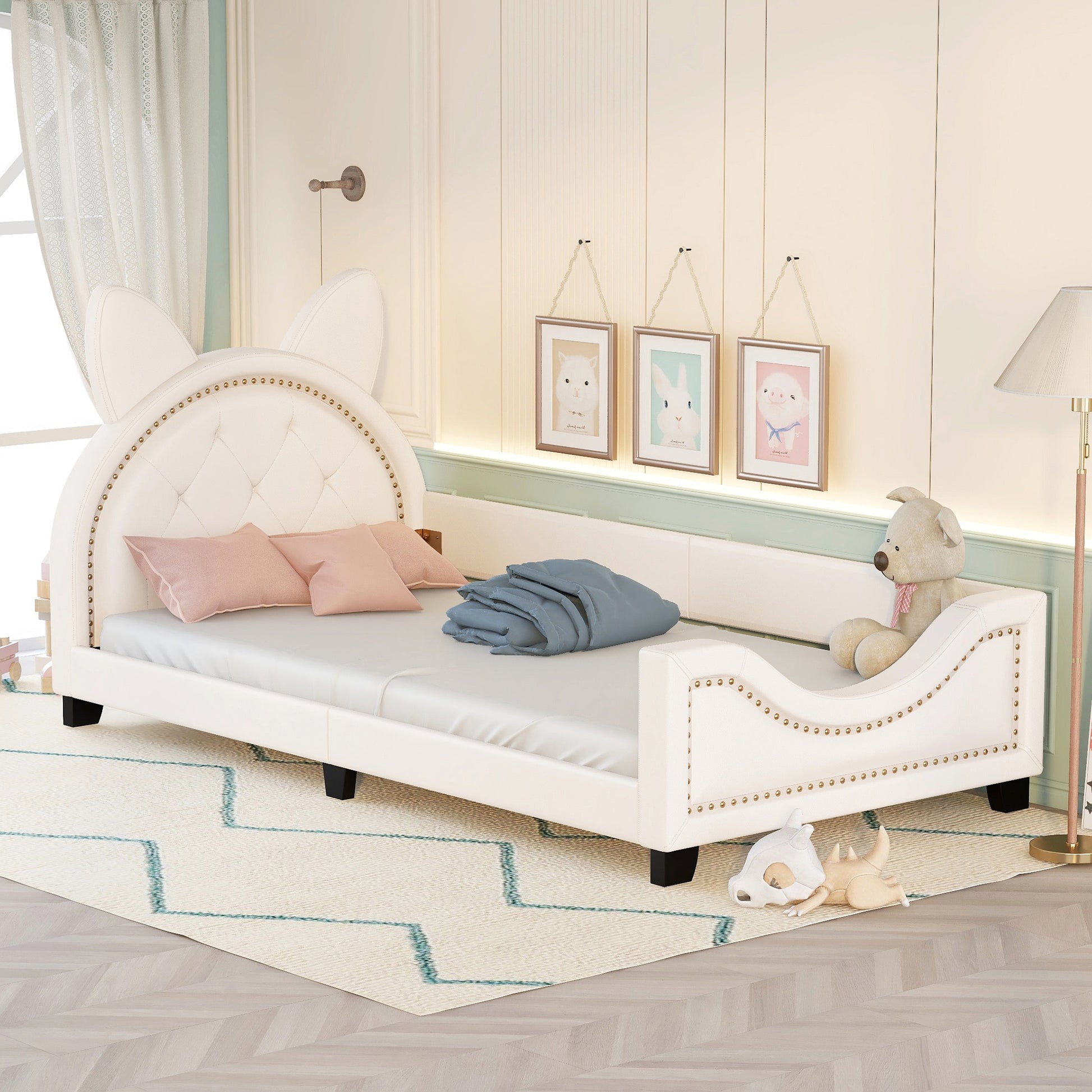 Twin Size Upholstered Daybed With Carton Ears Shaped Headboard, White White Pu Leather