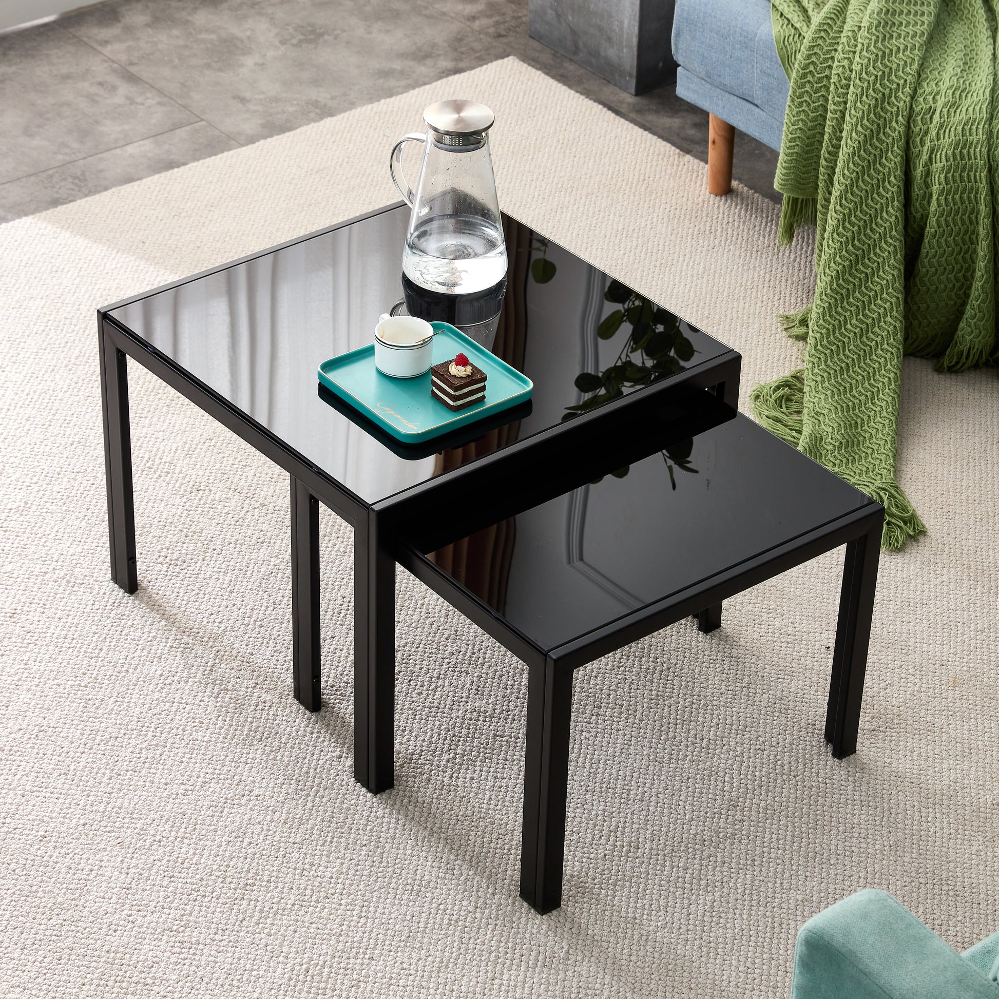 Nesting Coffee Table Set Of 2, Square Modern Stacking Table With Tempered Glass Finish For Living Room,Black Black Glass