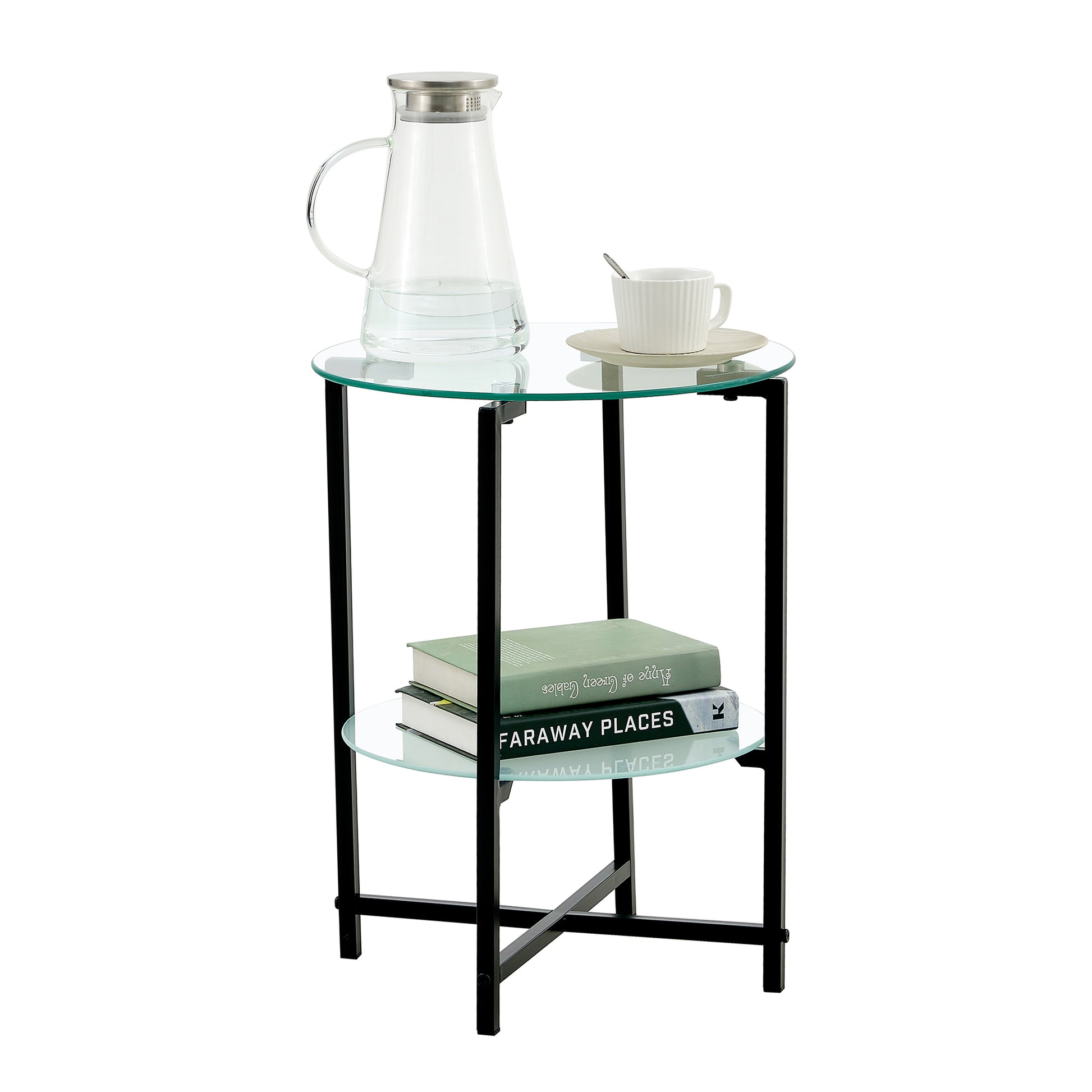 2 Piece Set Clear Tempered Glass End Table, Round Coffee Table For Bedroom Living Room Office Transparent Glass