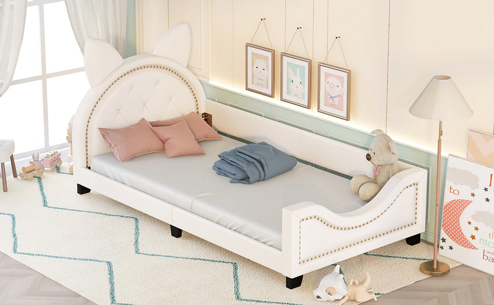 Twin Size Upholstered Daybed With Carton Ears Shaped Headboard, White White Pu Leather