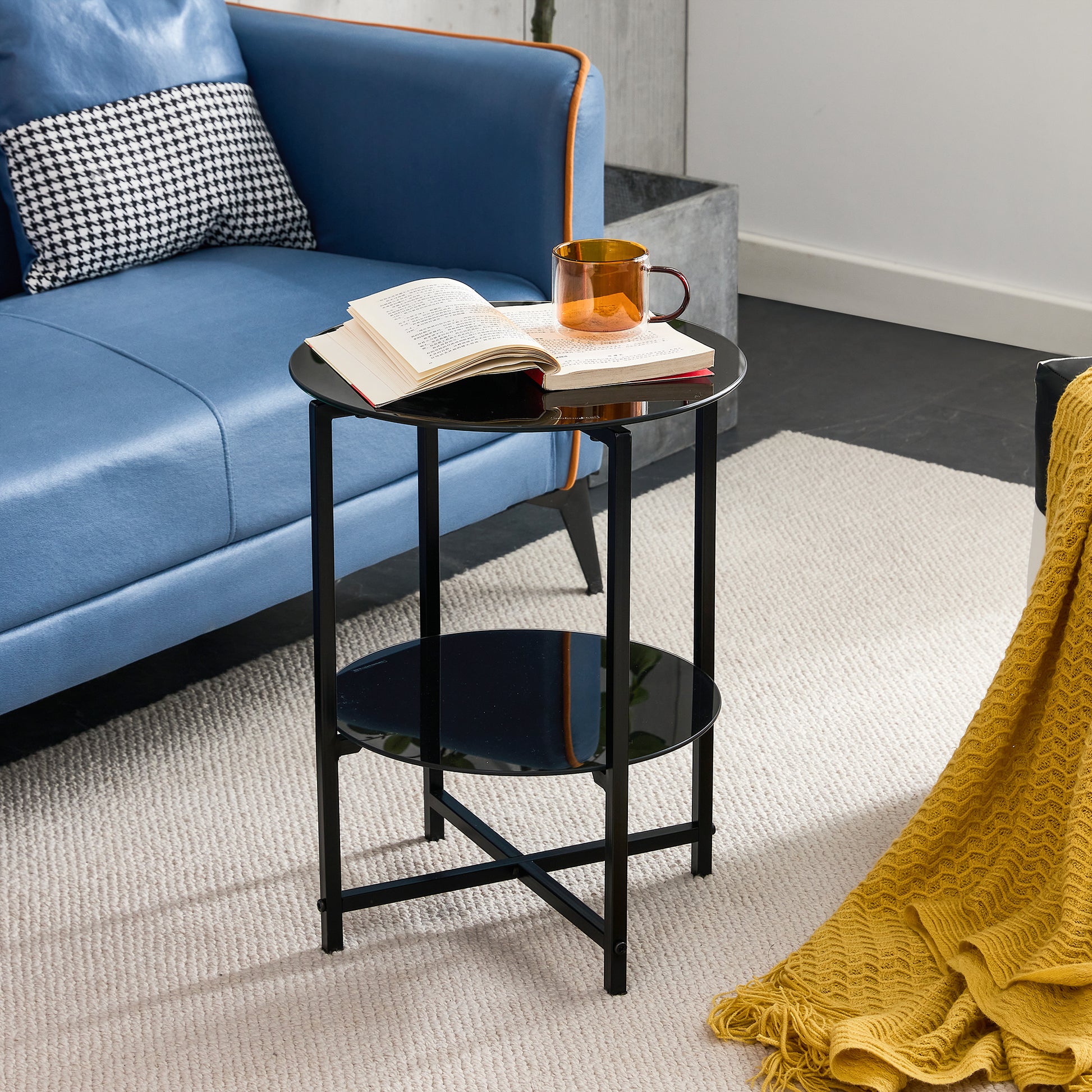 2 Piece Set Black Tempered Glass End Table, Round Coffee Table For Bedroom Living Room Office Black Glass
