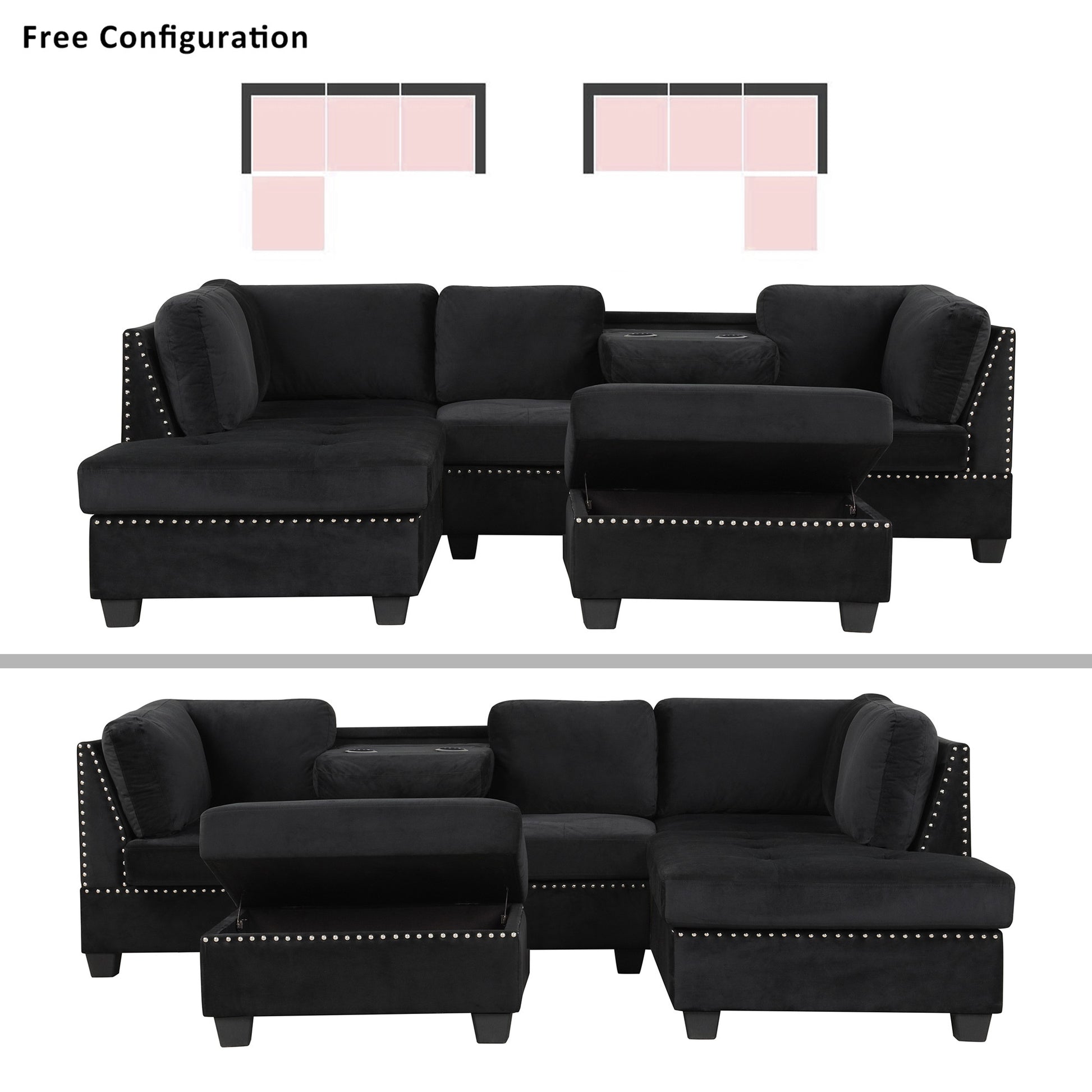 104.5" Reversible Sectional Sofa Space Saving With Storage Ottoman Rivet Ornament L Shape Couch For Small Or Large Space Dorm Apartment,Black Old:Sg000406Aaa Black Foam Velvet