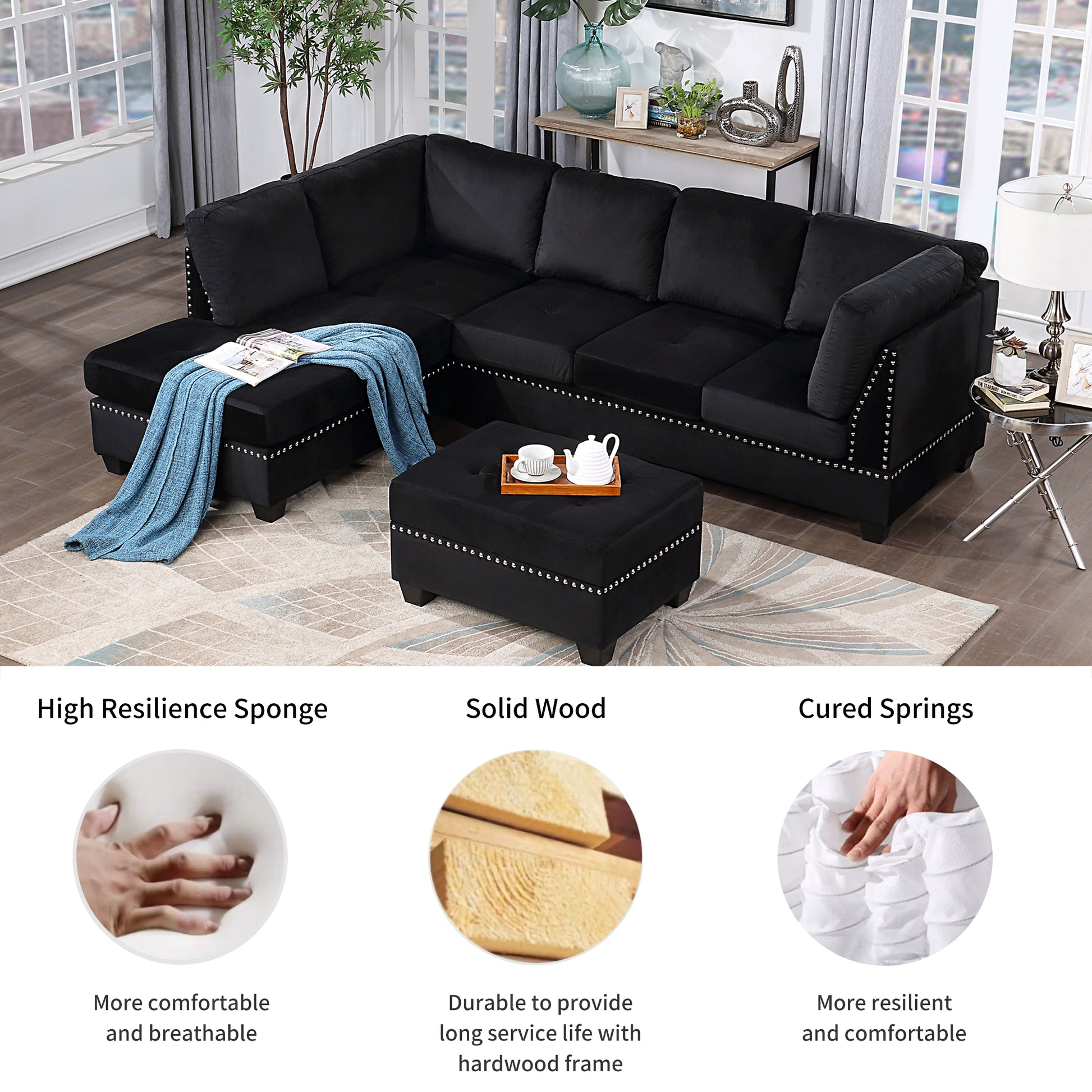 104.5" Reversible Sectional Sofa Space Saving With Storage Ottoman Rivet Ornament L Shape Couch For Small Or Large Space Dorm Apartment,Black Old:Sg000406Aaa Black Foam Velvet