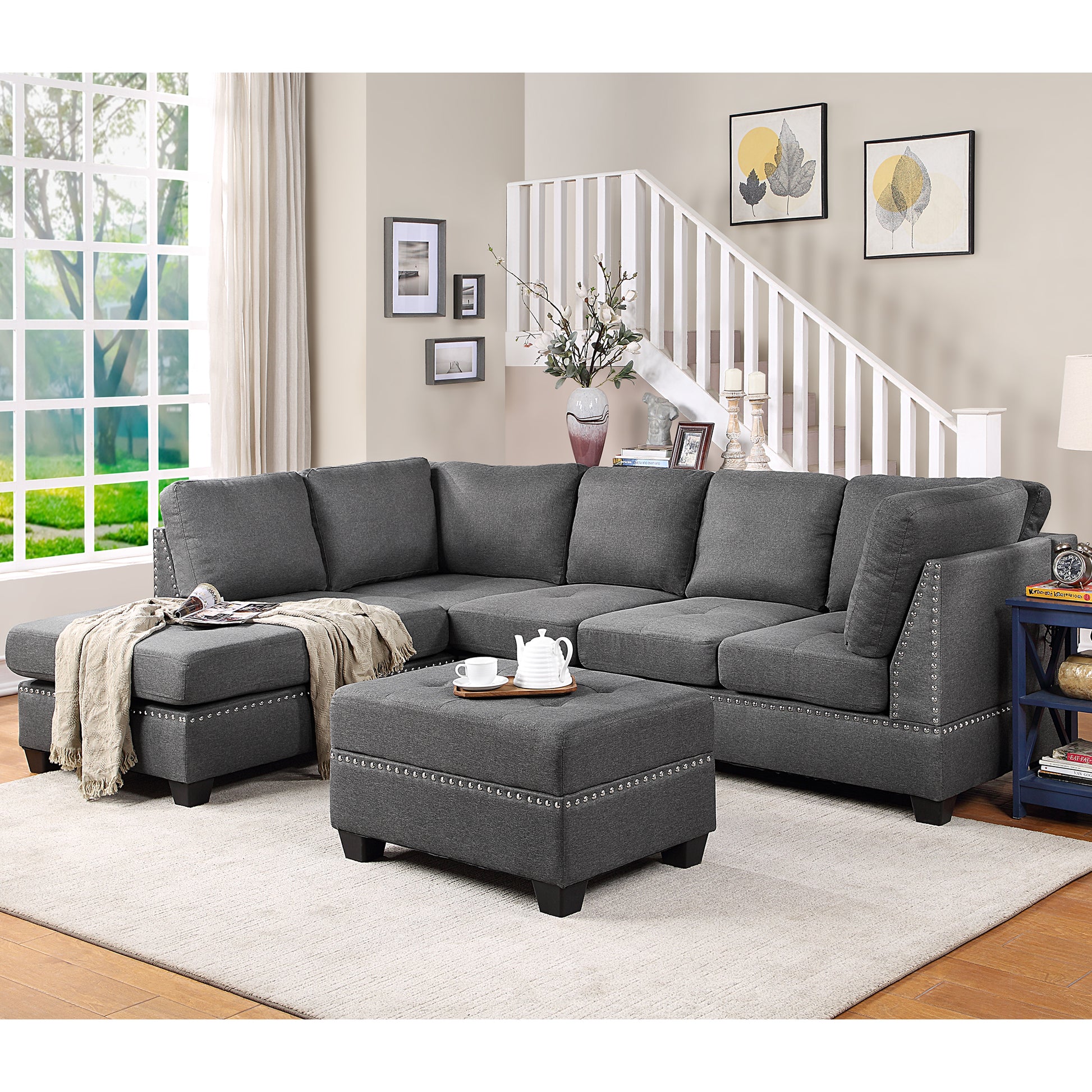 104.5" Reversible Sectional Sofa Space Saving With Storage Ottoman Rivet Ornament L Shape Couch For Small Or Large Space Dorm Apartment,Gray Old Sg000405Aaa Gray Foam Linen