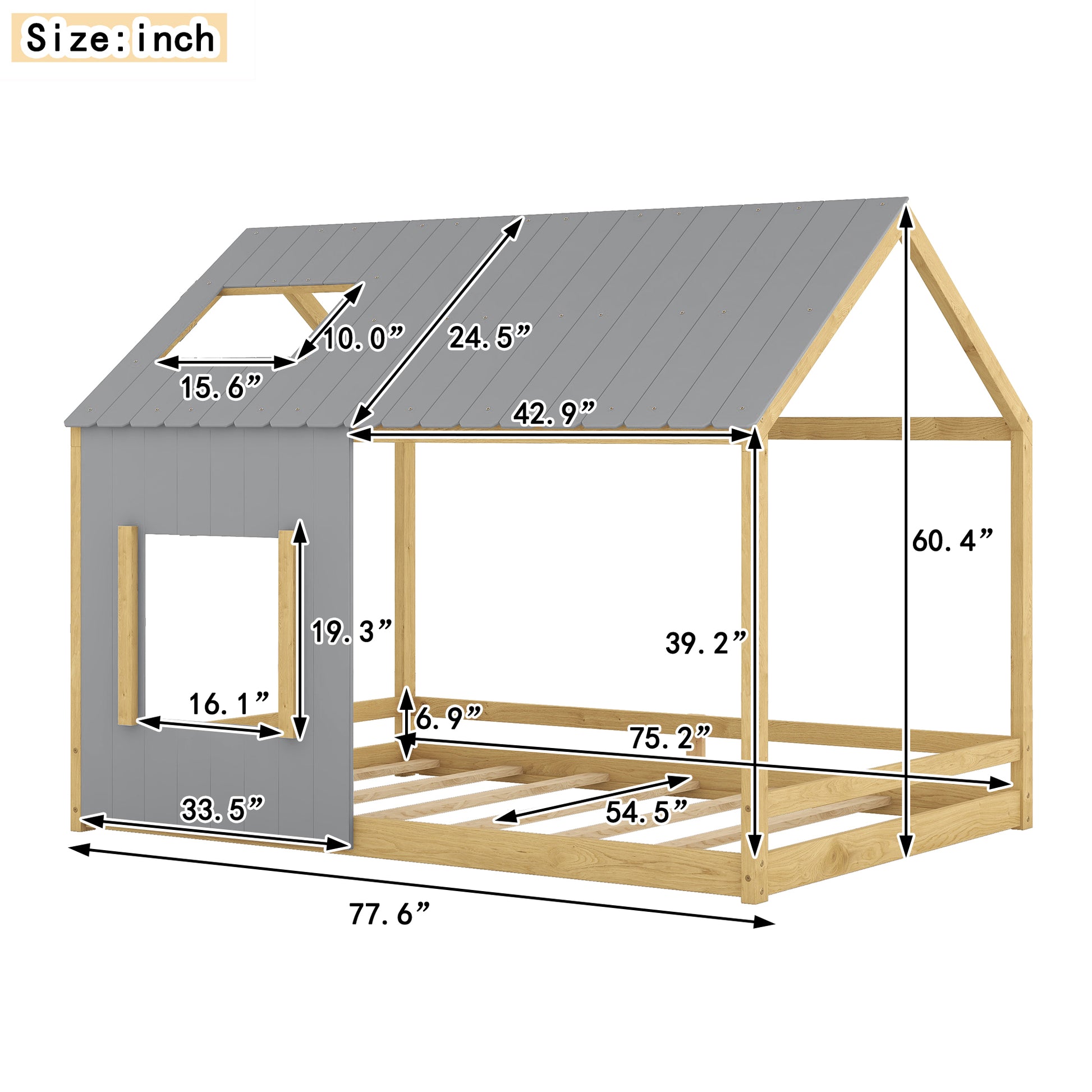 Full Size House Bed With Roof And Window Gray Natural Gray Mdf