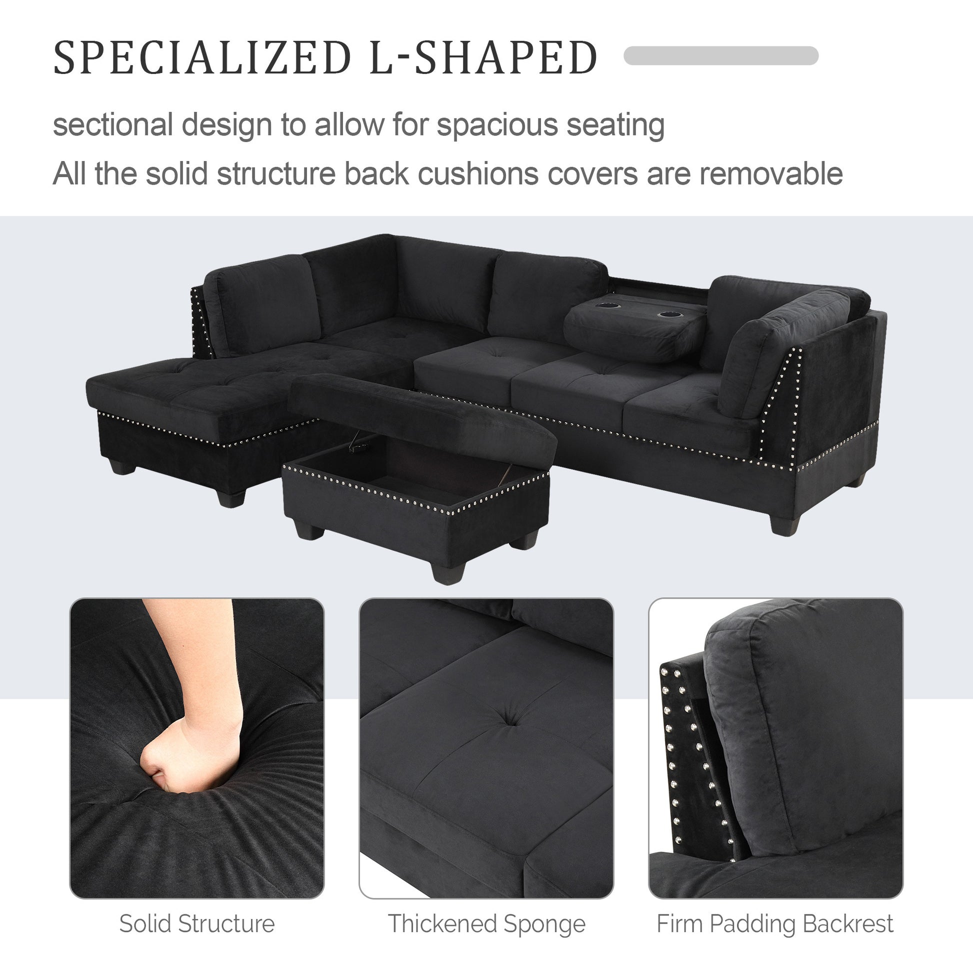 104.5" Reversible Sectional Sofa Space Saving With Storage Ottoman Rivet Ornament L Shape Couch For Small Or Large Space Dorm Apartment,Black Old:Sg000406Aaa Black Foam Velvet