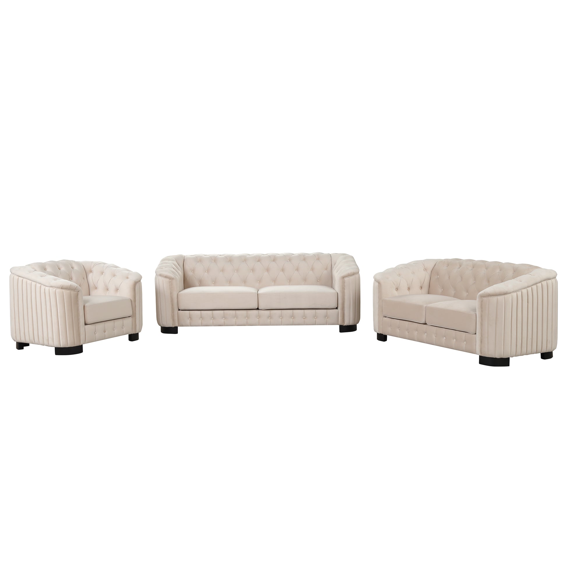 Modern 3 Piece Sofa Sets With Rubber Wood Legs,Velvet Upholstered Couches Sets Including Three Seat Sofa, Loveseat And Single Chair For Living Room Furniture Set,Beige Beige Foam Velvet