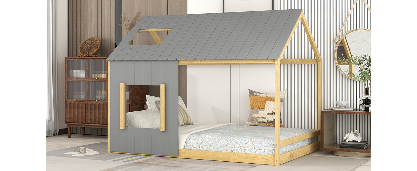 Full Size House Bed With Roof And Window Gray Natural Gray Mdf