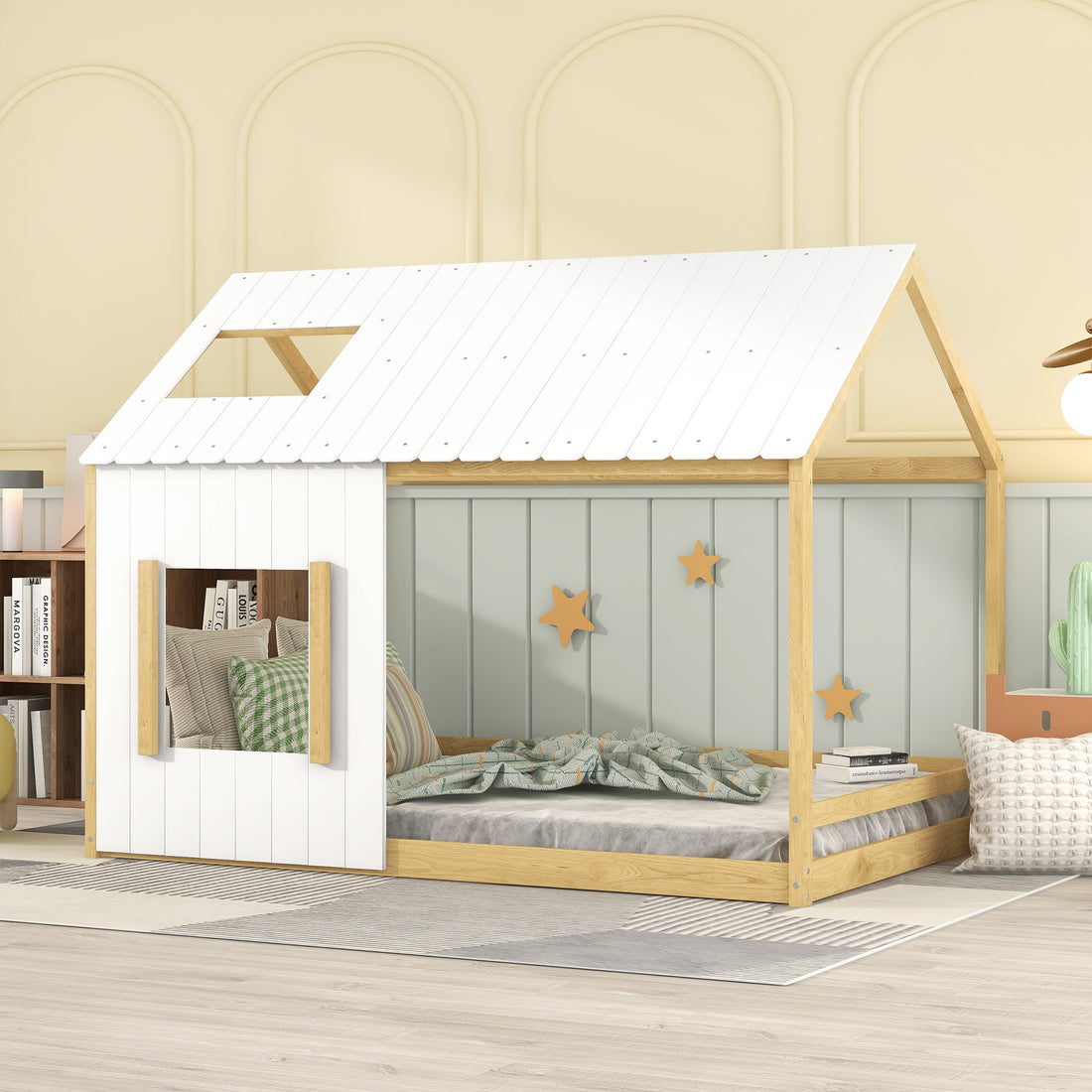 Full Size House Bed With Roof And Window White Natural White Mdf