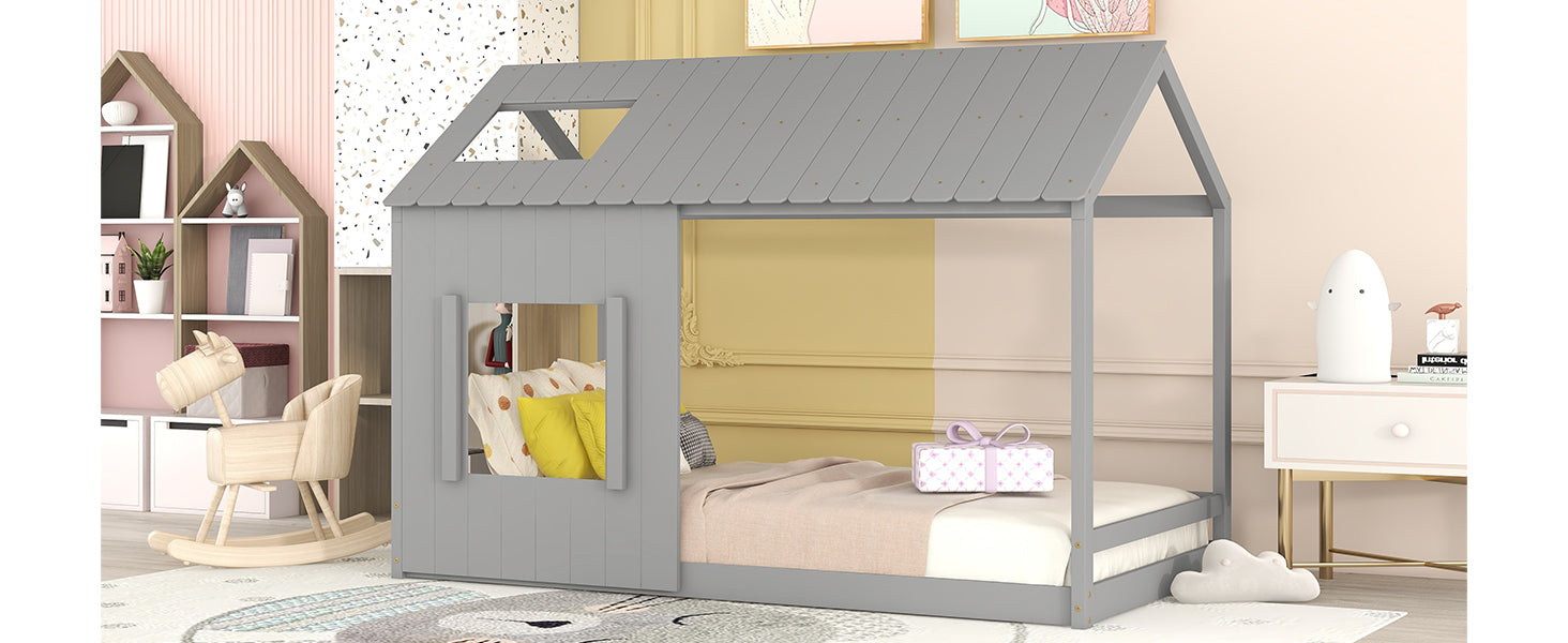 Twin Size House Bed With Roof And Window Gray Grey Mdf