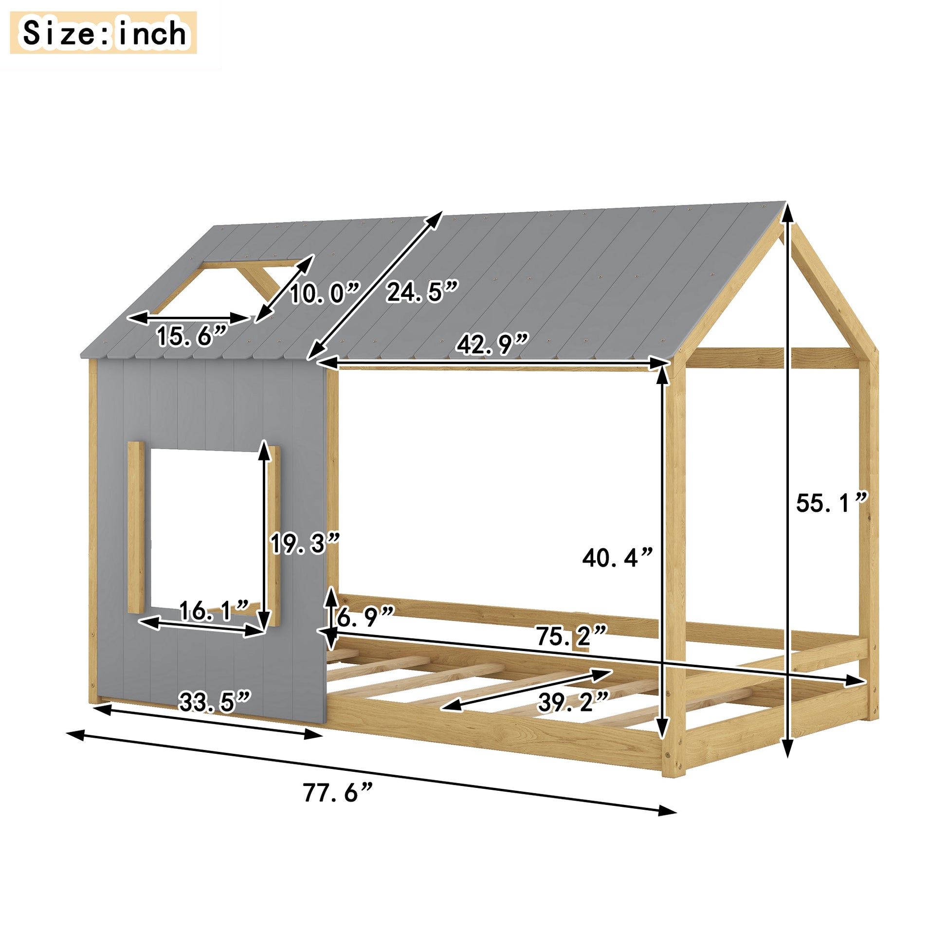 Twin Size House Bed With Roof And Window Gray Natural Gray Mdf