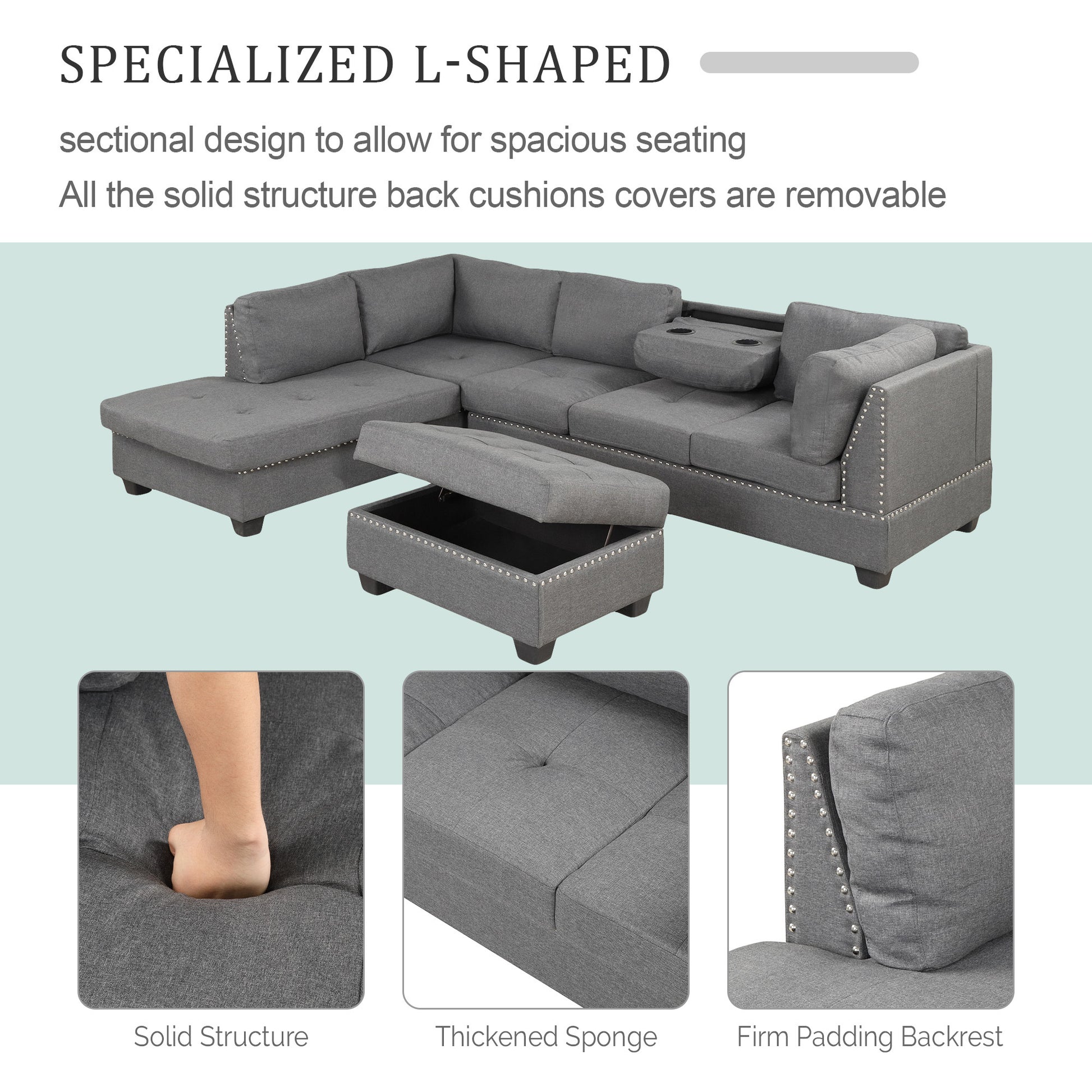 104.5" Reversible Sectional Sofa Space Saving With Storage Ottoman Rivet Ornament L Shape Couch For Small Or Large Space Dorm Apartment,Gray Old Sg000405Aaa Gray Foam Linen