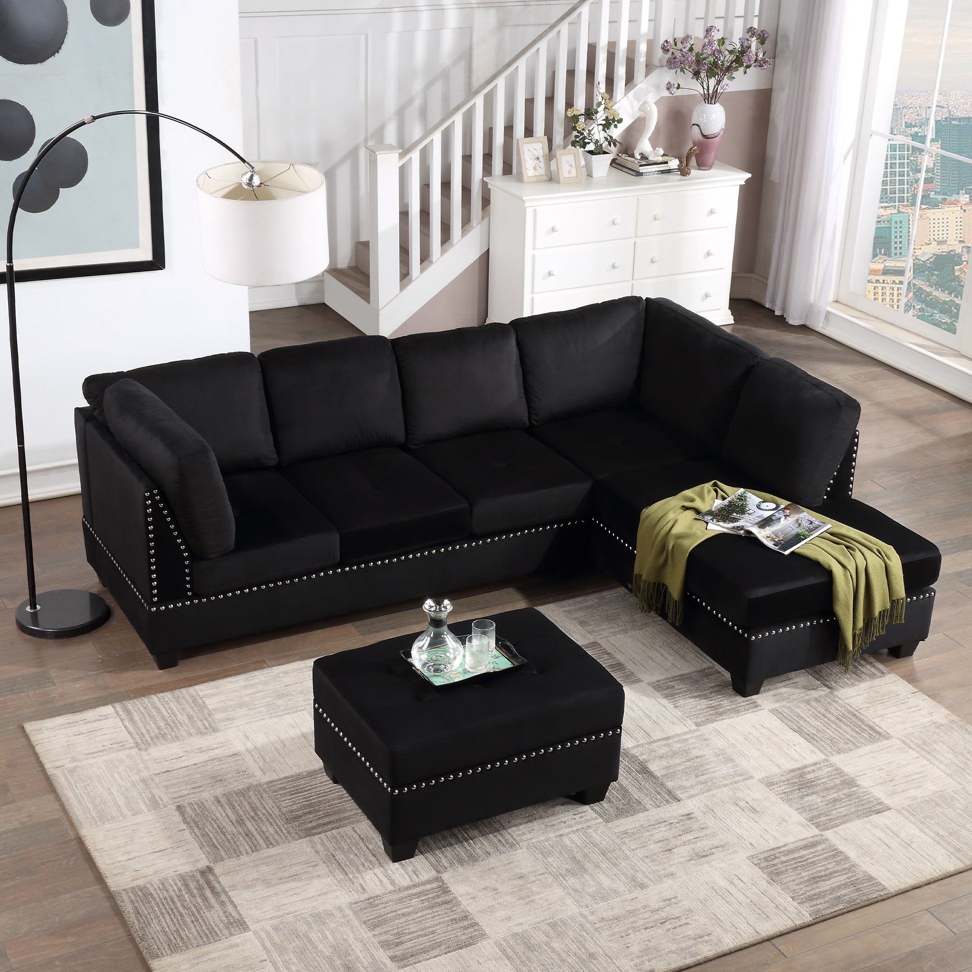 104.5" Reversible Sectional Sofa Space Saving With Storage Ottoman Rivet Ornament L Shape Couch For Small Or Large Space Dorm Apartment,Black Old:Sg000406Aaa Black Foam Velvet