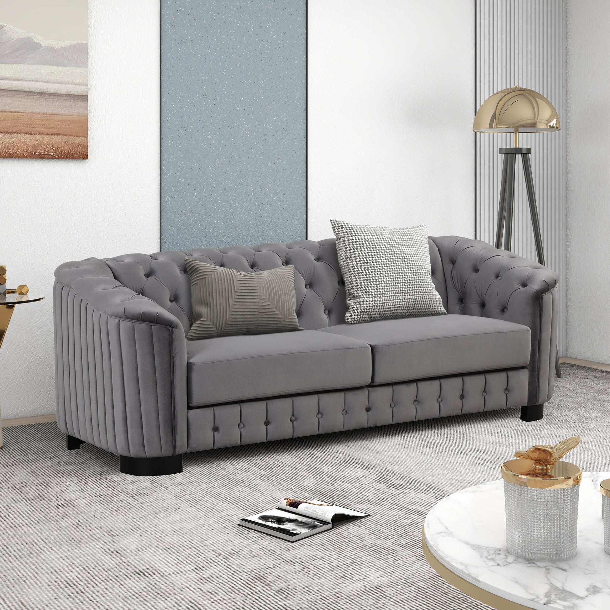 Modern 3 Piece Sofa Sets With Rubber Wood Legs,Velvet Upholstered Couches Sets Including Three Seat Sofa, Loveseat And Single Chair For Living Room Furniture Set,Gray Gray Foam Velvet