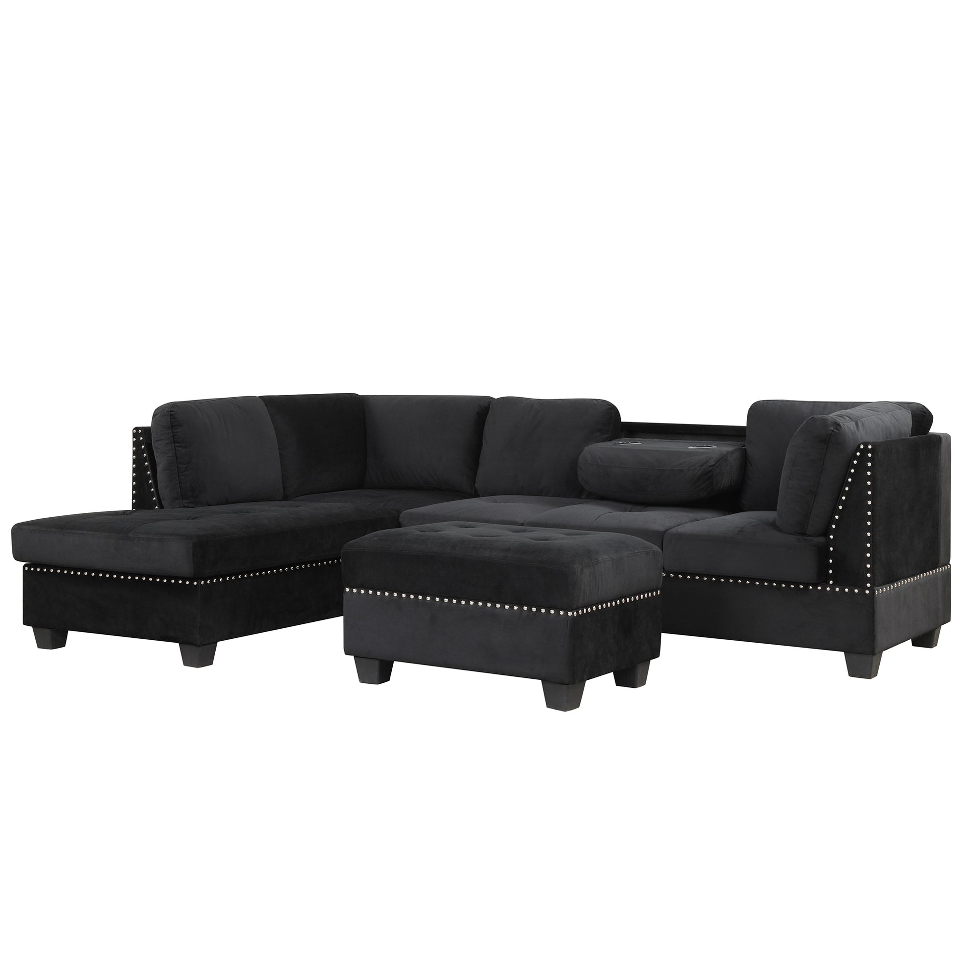 104.5" Reversible Sectional Sofa Space Saving With Storage Ottoman Rivet Ornament L Shape Couch For Small Or Large Space Dorm Apartment,Black Old:Sg000406Aaa Black Foam Velvet