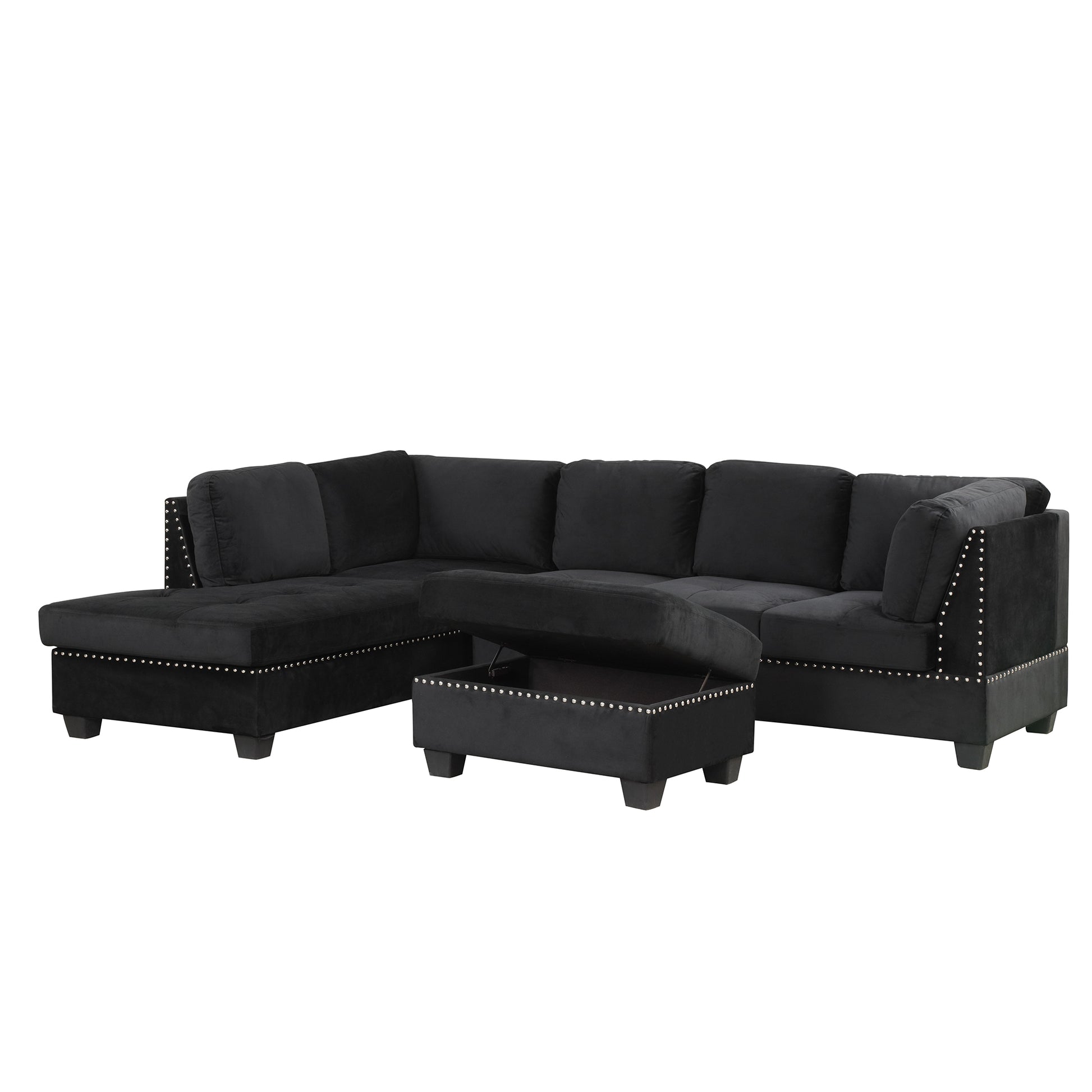 104.5" Reversible Sectional Sofa Space Saving With Storage Ottoman Rivet Ornament L Shape Couch For Small Or Large Space Dorm Apartment,Black Old:Sg000406Aaa Black Foam Velvet