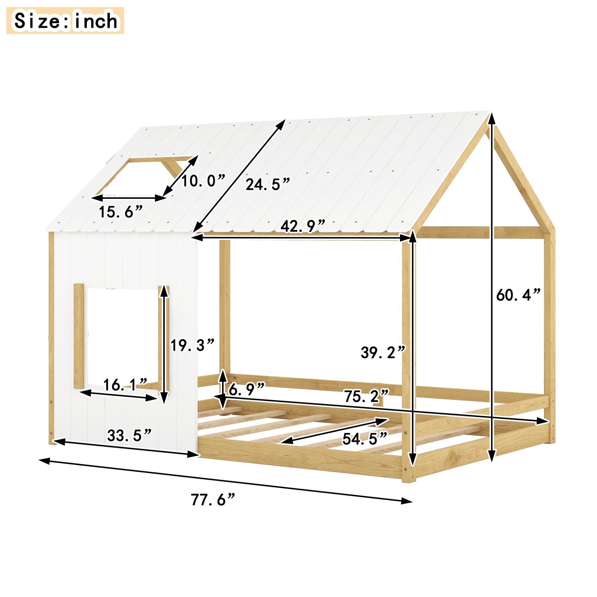 Full Size House Bed With Roof And Window White Natural White Mdf