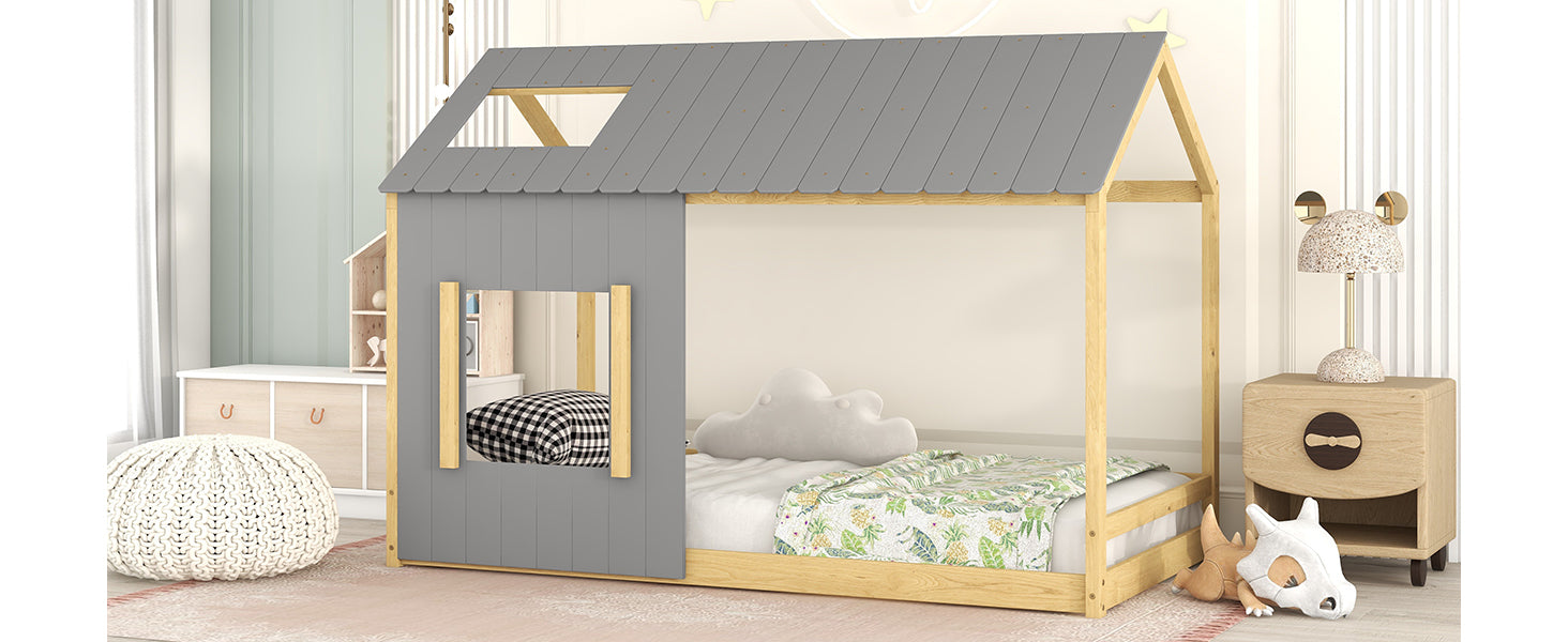 Twin Size House Bed With Roof And Window Gray Natural Gray Mdf