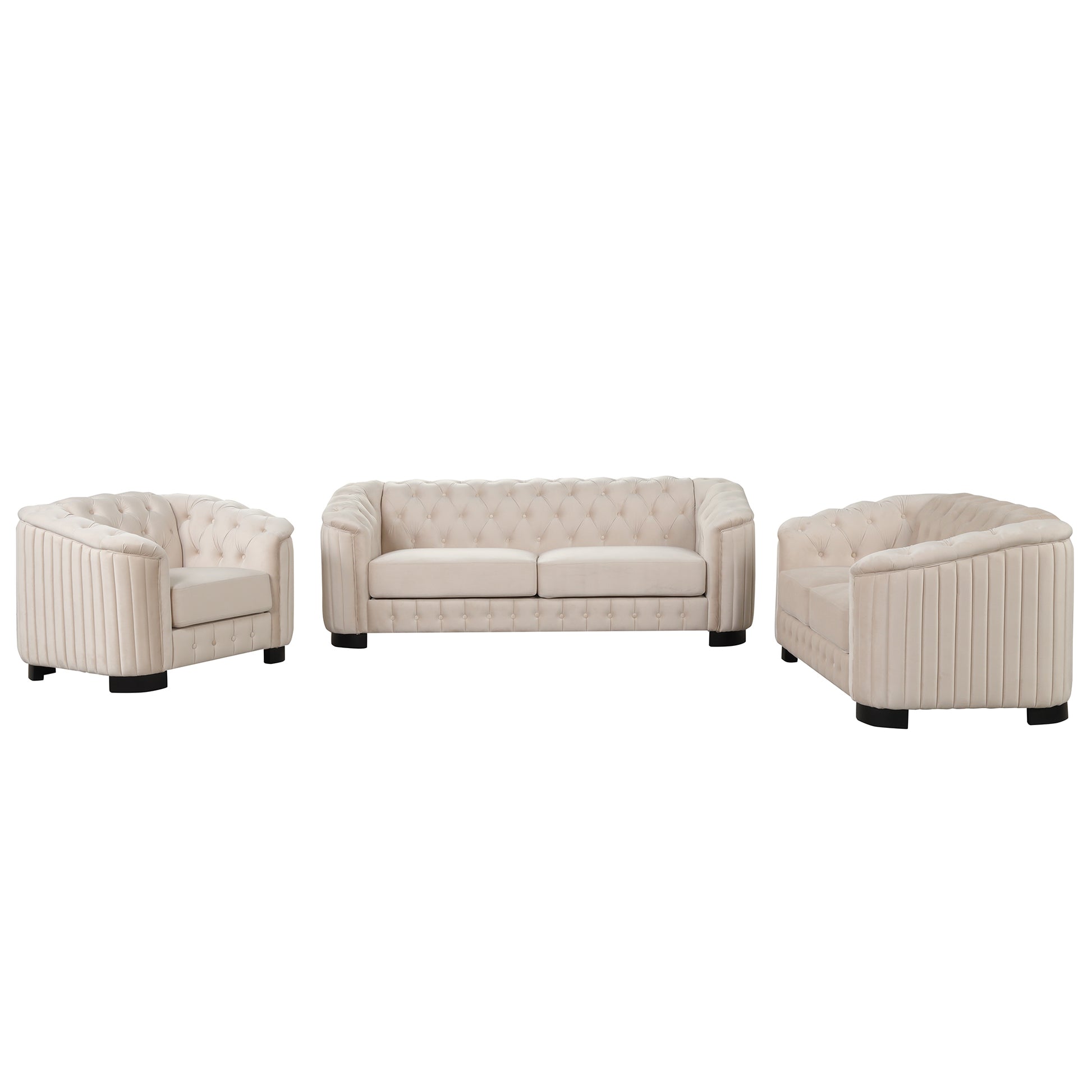 Modern 3 Piece Sofa Sets With Rubber Wood Legs,Velvet Upholstered Couches Sets Including Three Seat Sofa, Loveseat And Single Chair For Living Room Furniture Set,Beige Beige Foam Velvet