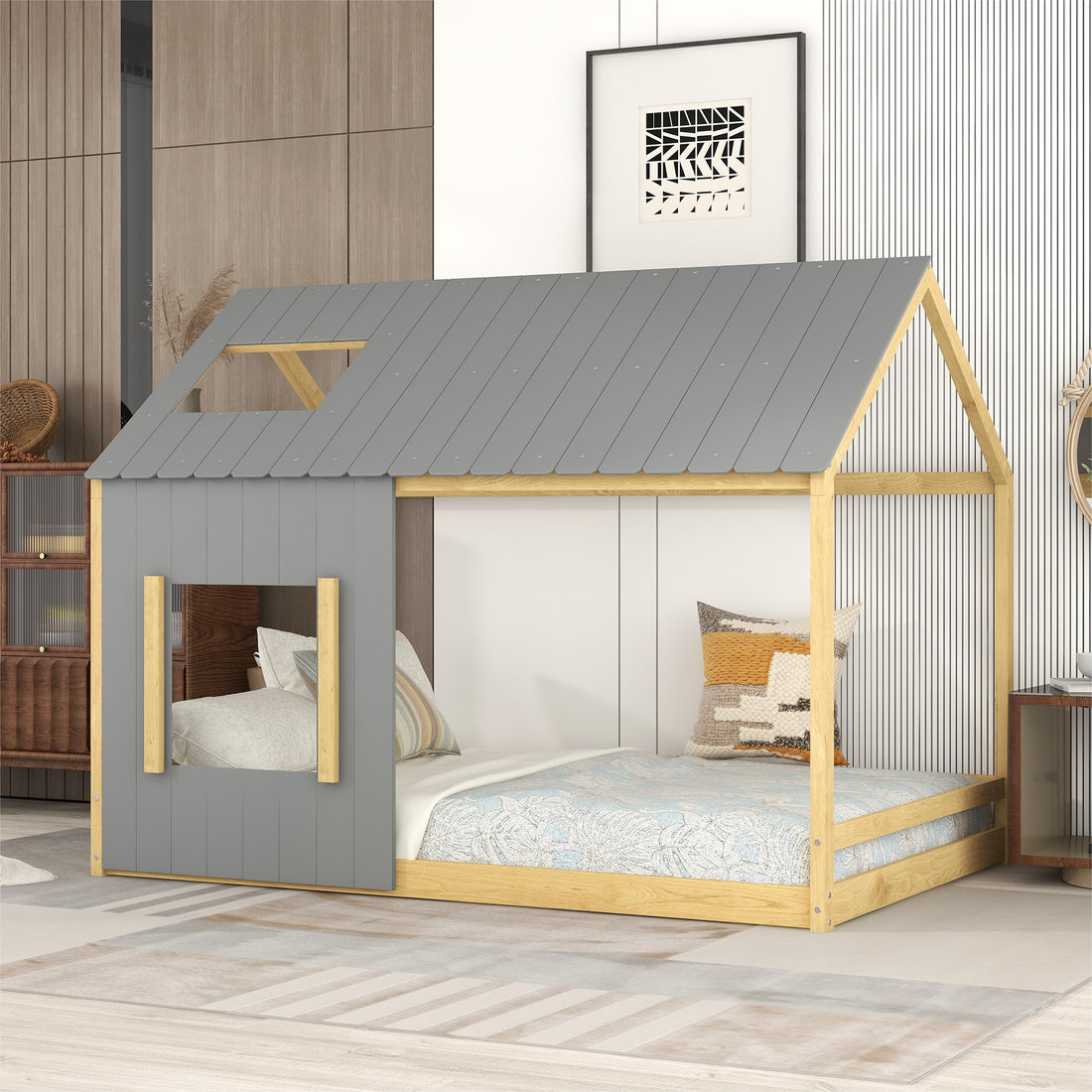 Full Size House Bed With Roof And Window Gray Natural Gray Mdf