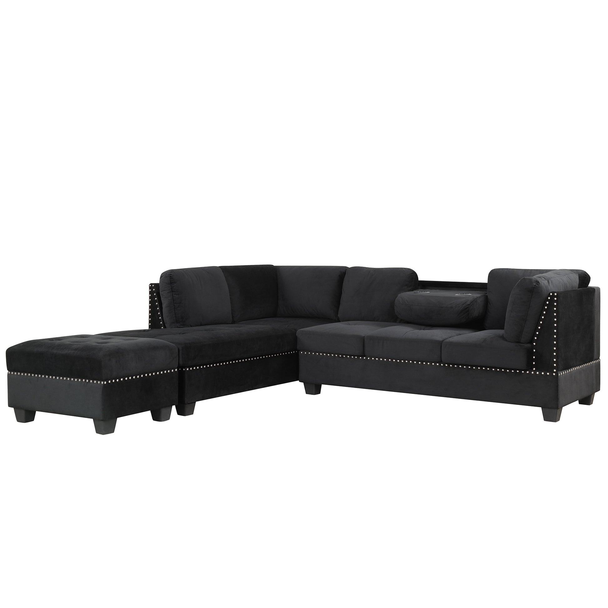 104.5" Reversible Sectional Sofa Space Saving With Storage Ottoman Rivet Ornament L Shape Couch For Small Or Large Space Dorm Apartment,Black Old:Sg000406Aaa Black Foam Velvet