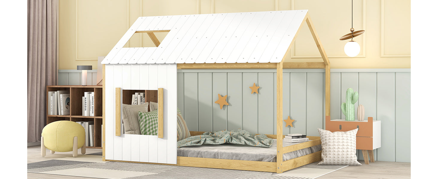 Full Size House Bed With Roof And Window White Natural White Mdf