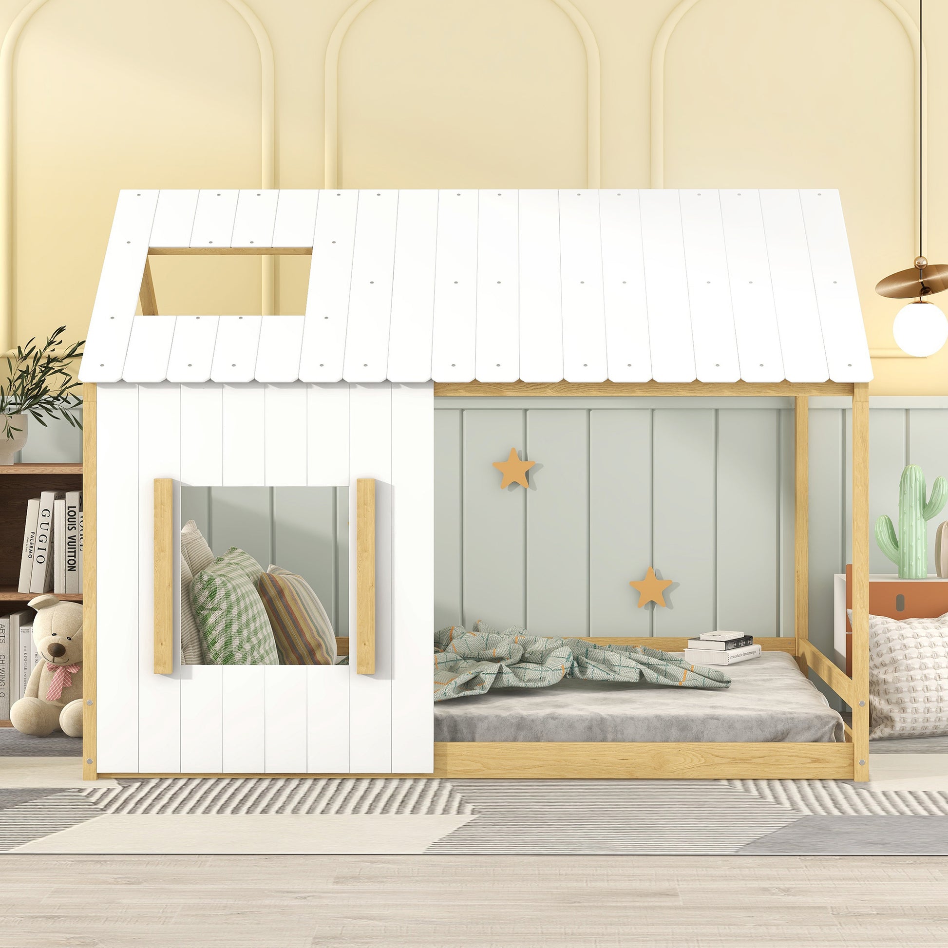 Full Size House Bed With Roof And Window White Natural White Mdf