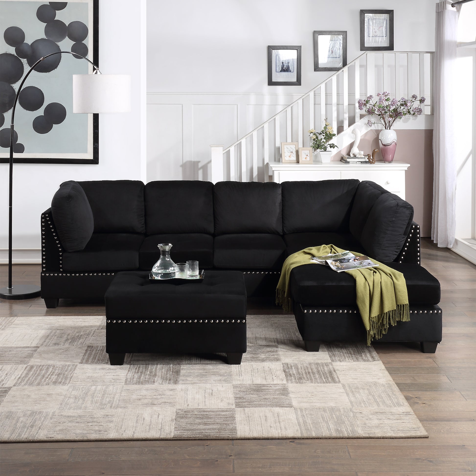 104.5" Reversible Sectional Sofa Space Saving With Storage Ottoman Rivet Ornament L Shape Couch For Small Or Large Space Dorm Apartment,Black Old:Sg000406Aaa Black Foam Velvet