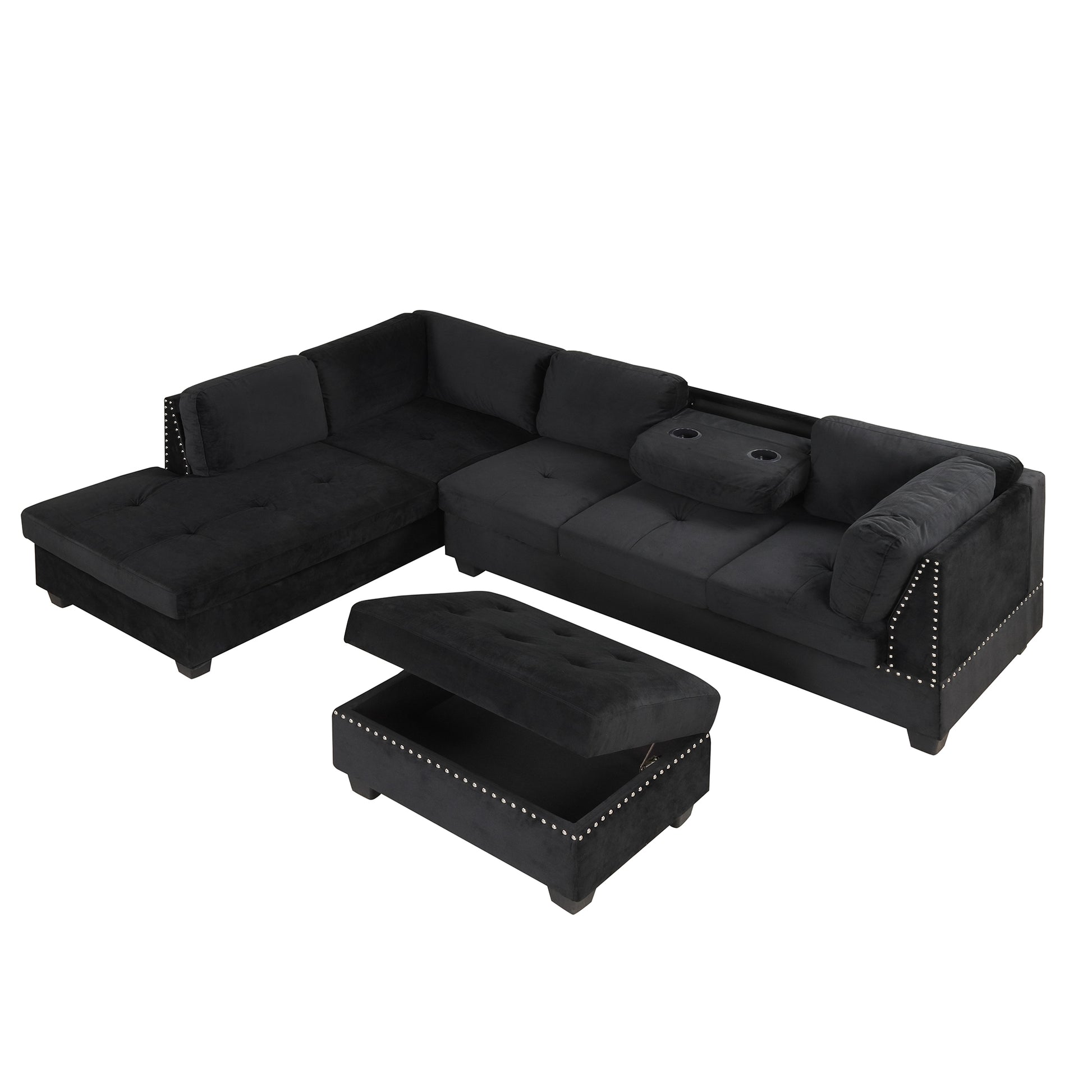 104.5" Reversible Sectional Sofa Space Saving With Storage Ottoman Rivet Ornament L Shape Couch For Small Or Large Space Dorm Apartment,Black Old:Sg000406Aaa Black Foam Velvet