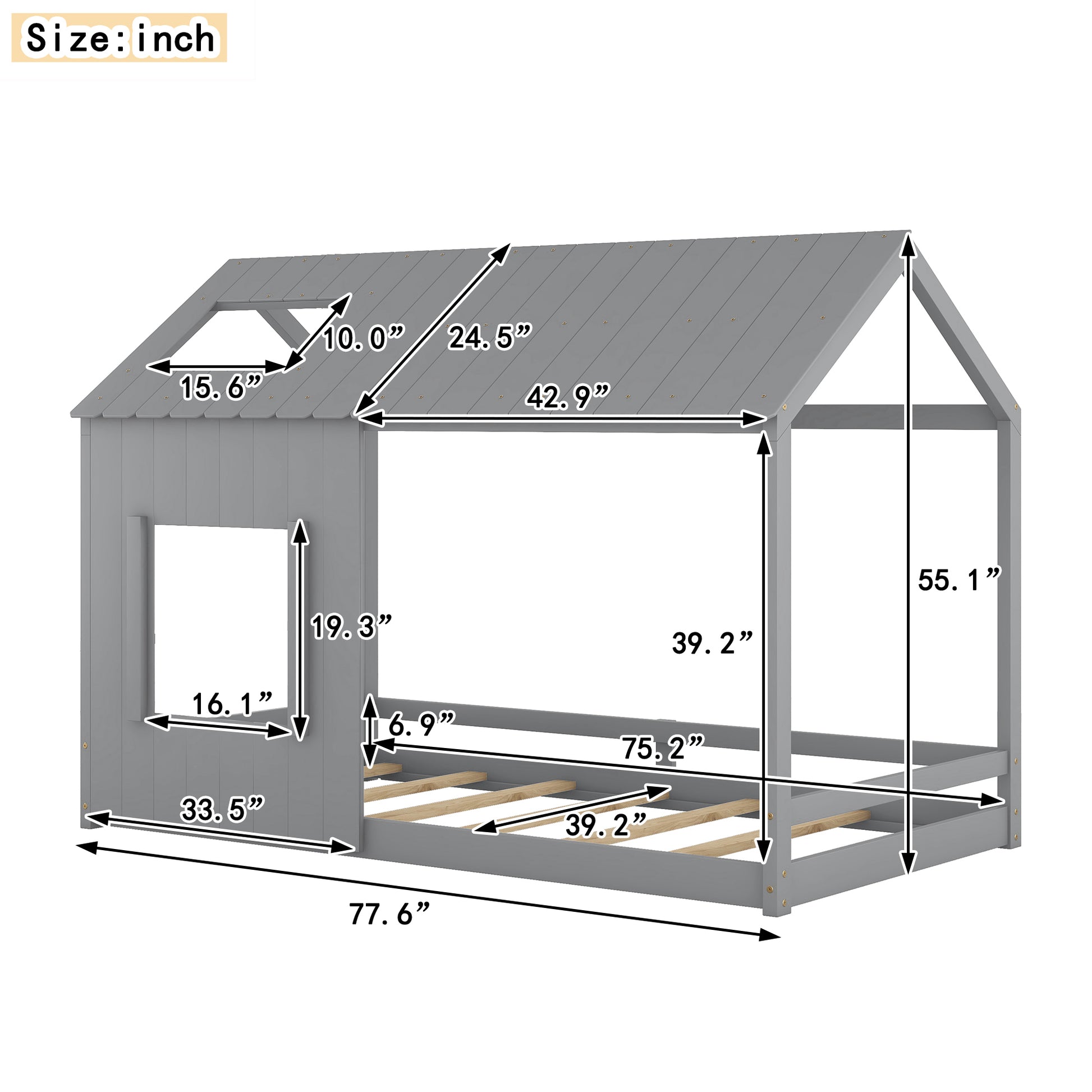 Twin Size House Bed With Roof And Window Gray Grey Mdf