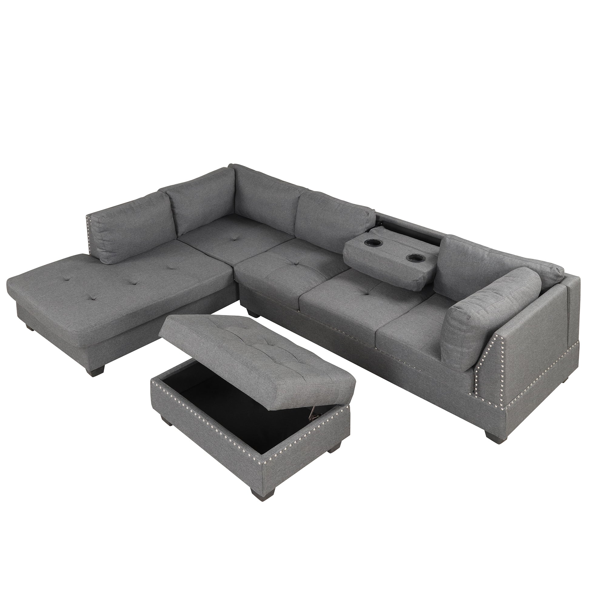 104.5" Reversible Sectional Sofa Space Saving With Storage Ottoman Rivet Ornament L Shape Couch For Small Or Large Space Dorm Apartment,Gray Old Sg000405Aaa Gray Foam Linen