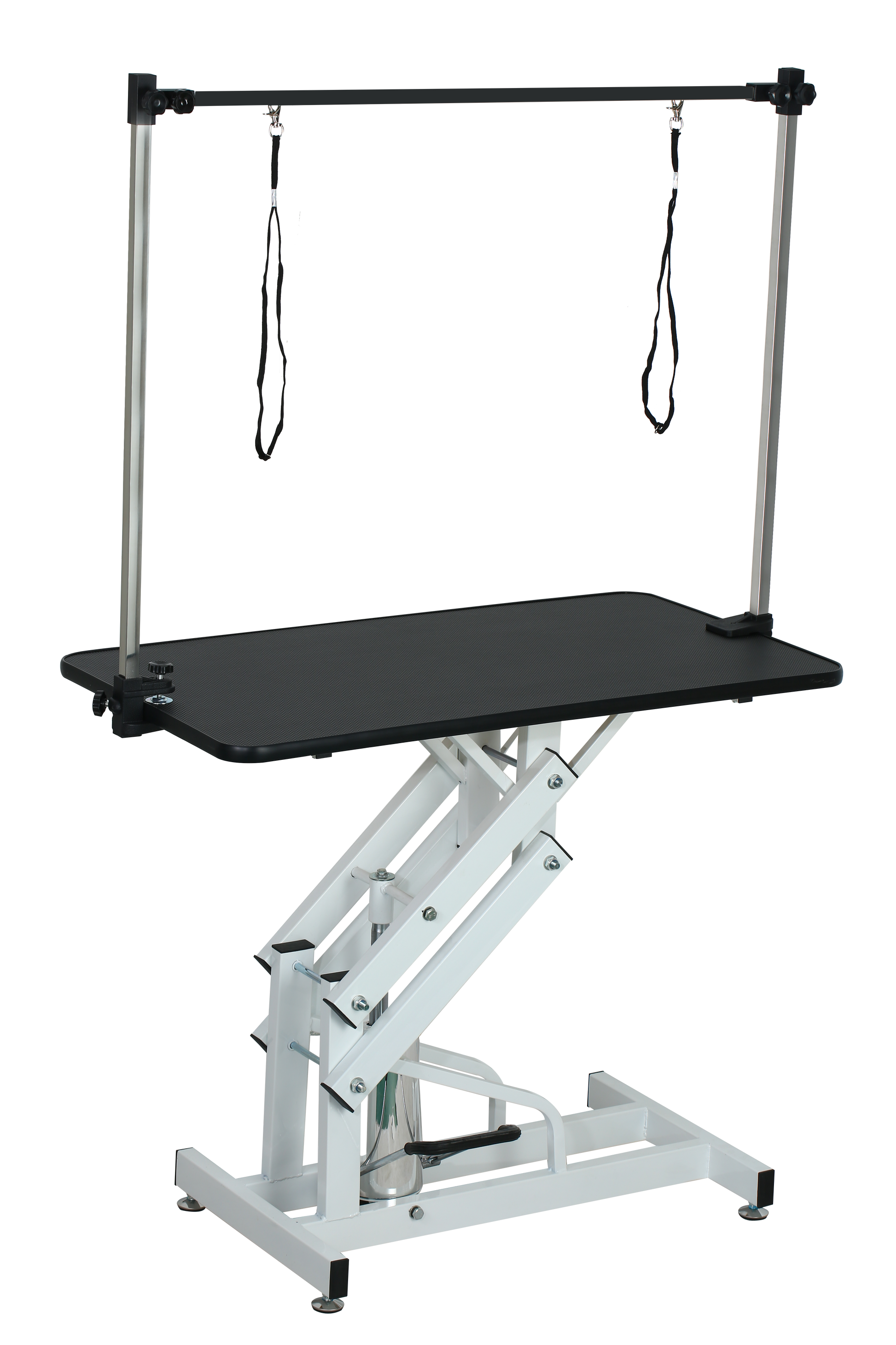 43 Inch Adjustable Heavy Type Hydraulic Pet Dog Grooming Table Upgraded Professional Drying Table Heavy Duty Frame With Adjustable Arm And Noose Black White Carbon Steel