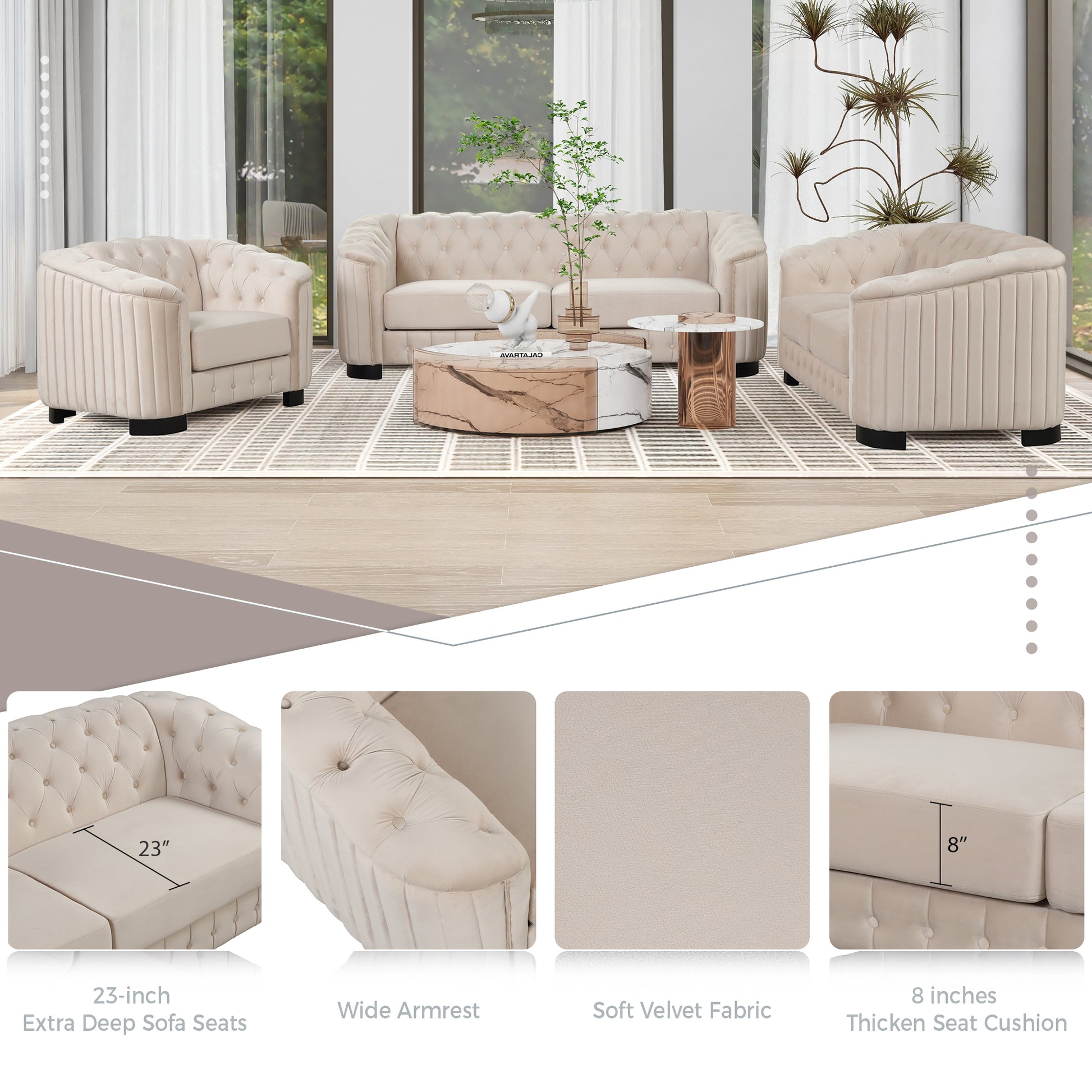 Modern 3 Piece Sofa Sets With Rubber Wood Legs,Velvet Upholstered Couches Sets Including Three Seat Sofa, Loveseat And Single Chair For Living Room Furniture Set,Beige Beige Foam Velvet