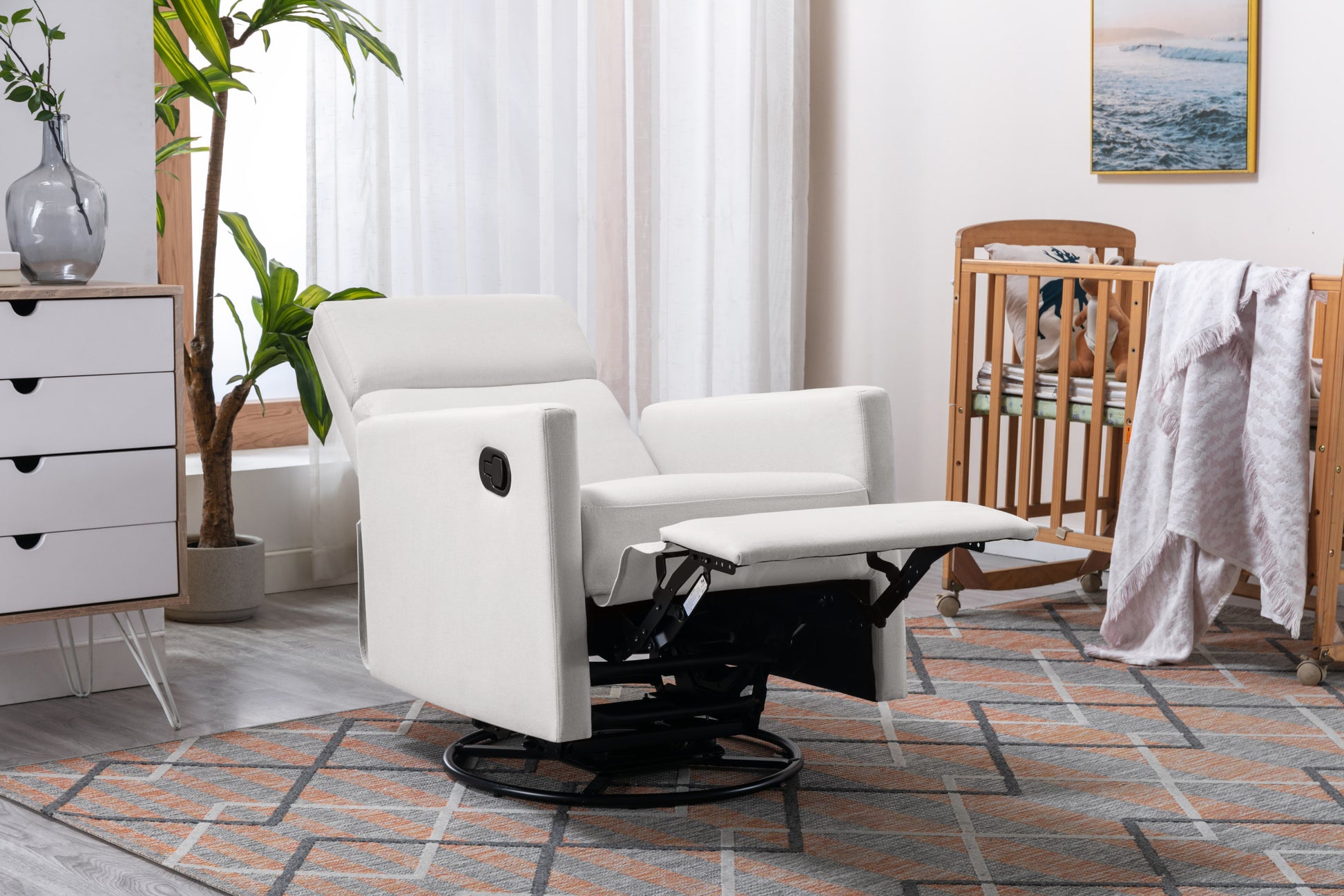 Modern Upholstered Rocker Nursery Chair Plush Seating Glider Swivel Recliner Chair, Beige Beige Linen