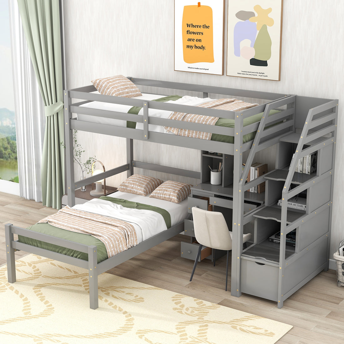 Twin Size Loft Bed With A Stand Alone Bed, Storage Staircase, Desk, Shelves And Drawers, Gray Gray Pine