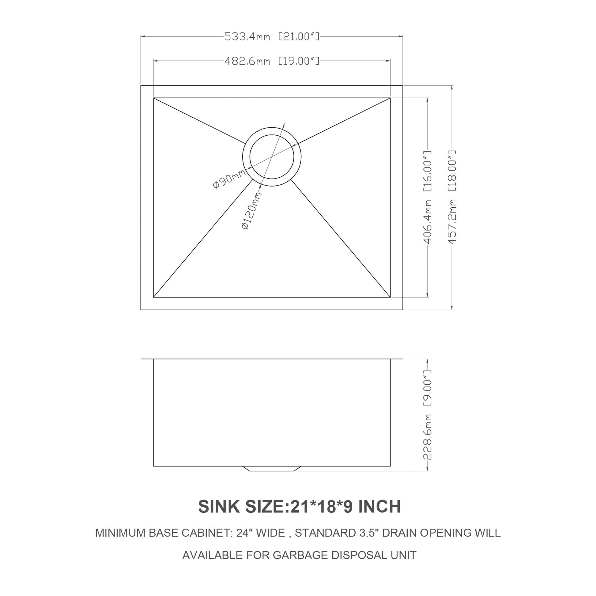 21 Inch Undermount Sink 21"X18"X9" Undermount Stainless Steel Kitchen Sink 18 Gauge 9 Inch Deep Single Bowl Kitchen Sink Basin Brushed Nickel Stainless Steel