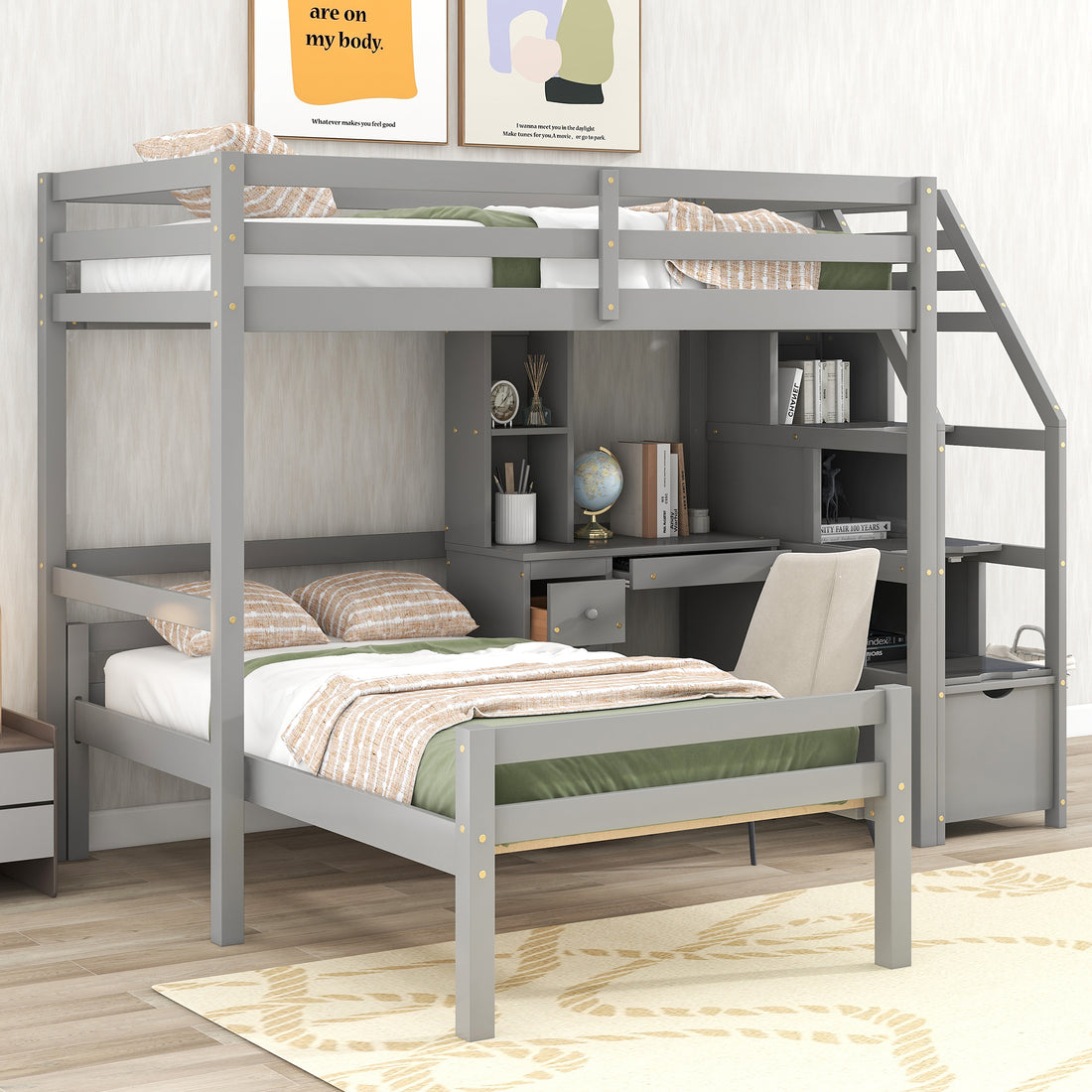 Twin Size Loft Bed With A Stand Alone Bed, Storage Staircase, Desk, Shelves And Drawers, Gray Gray Pine