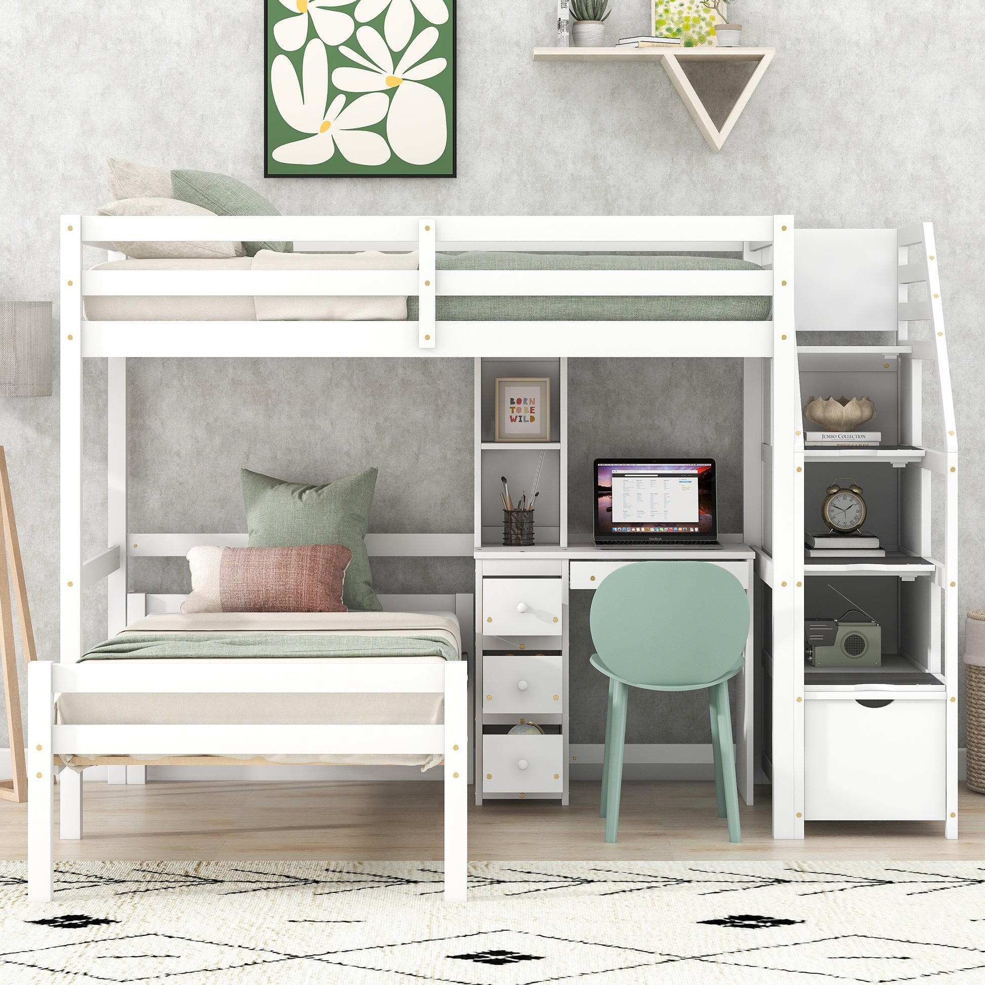 Twin Size Loft Bed With A Stand Alone Bed, Storage Staircase, Desk, Shelves And Drawers, White White Pine