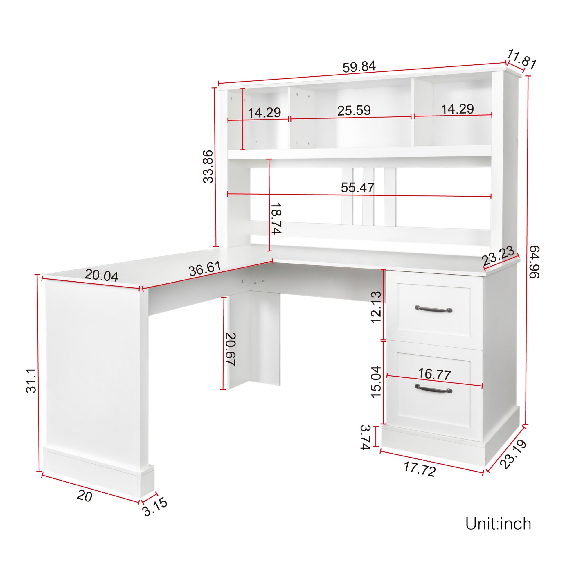 Home Office Computer Desk With Hutch, Antiqued White Finish White Mdf