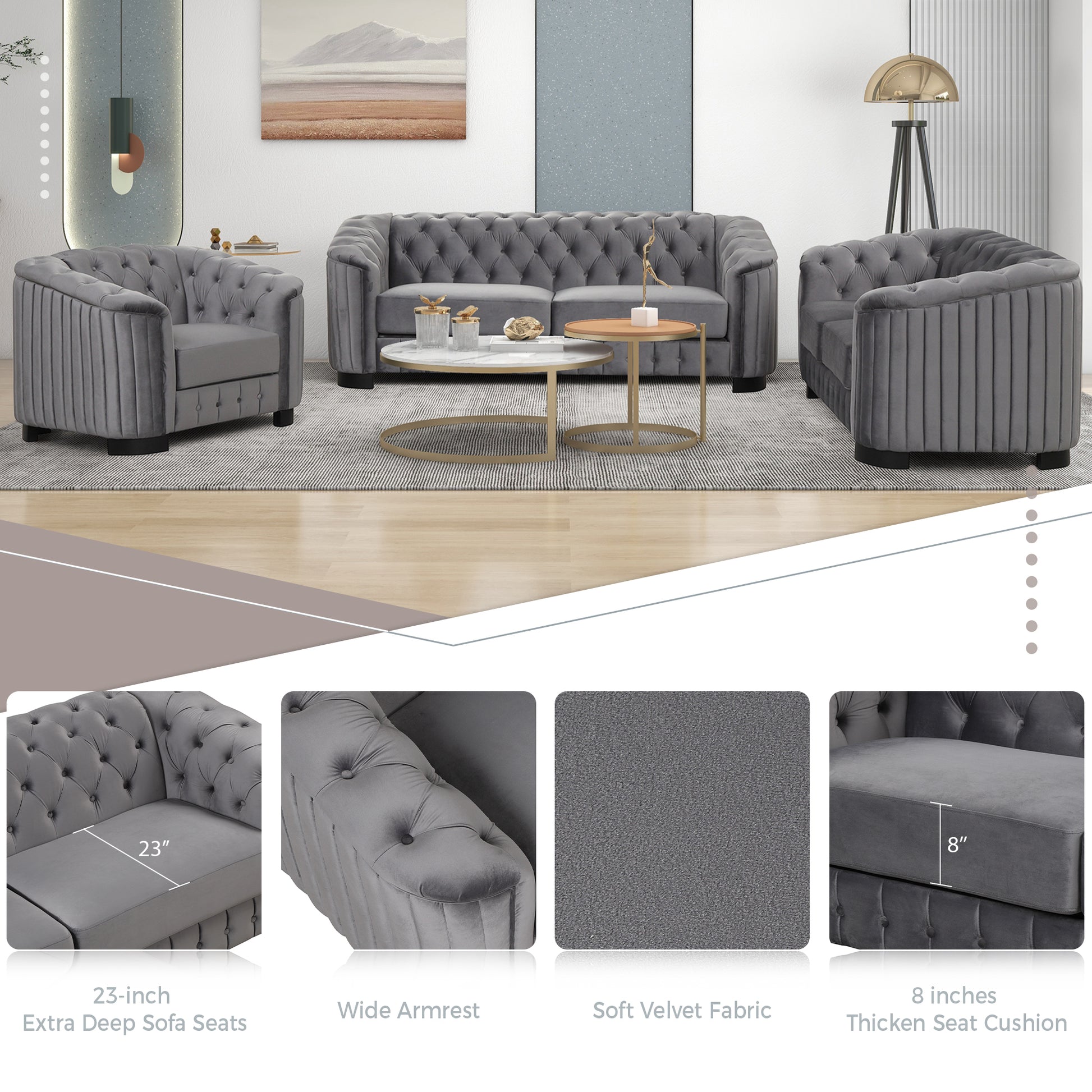 41.5" Velvet Upholstered Accent Sofa,Modern Single Sofa Chair With Thick Removable Seat Cushion,Modern Single Couch For Living Room,Bedroom,Or Small Space,Gray Gray Foam Velvet