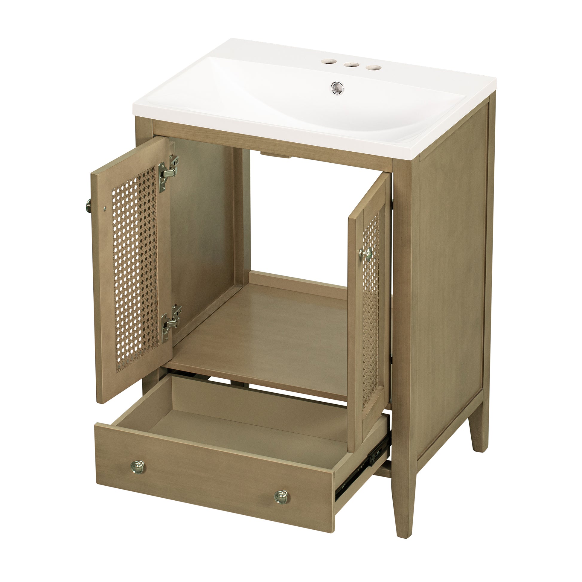 24" Bathroom Vanity With Ceramic Basin, Rattan Bathroom Storage Cabinet With Two Doors And Drawer, Solid Frame, Natural Old Sku: Jl000008Aad Natural Solid Wood Mdf