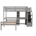 Twin Size Loft Bed With A Stand Alone Bed, Storage Staircase, Desk, Shelves And Drawers, Gray Gray Pine