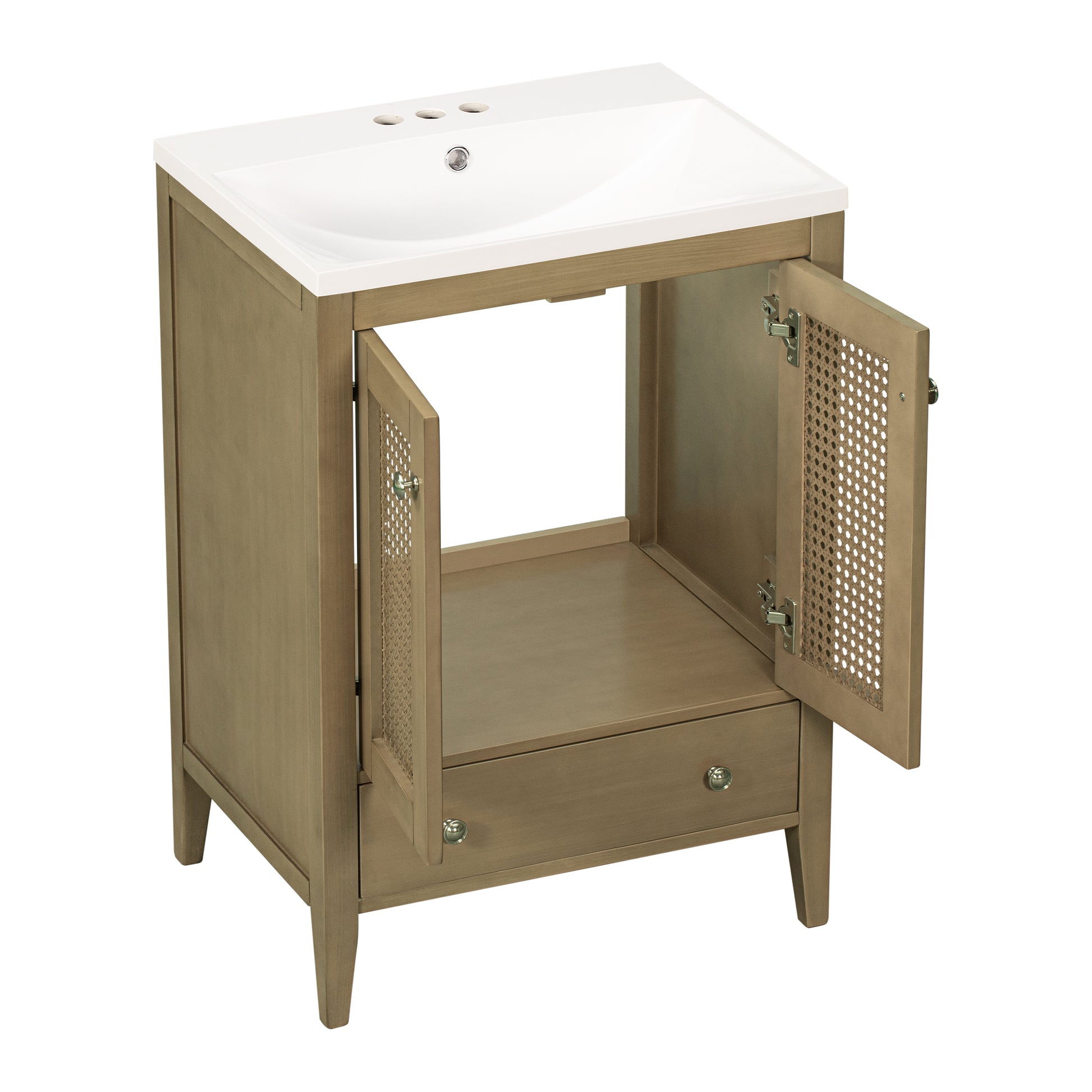 24" Bathroom Vanity With Ceramic Basin, Rattan Bathroom Storage Cabinet With Two Doors And Drawer, Solid Frame, Natural Old Sku: Jl000008Aad Natural Solid Wood Mdf