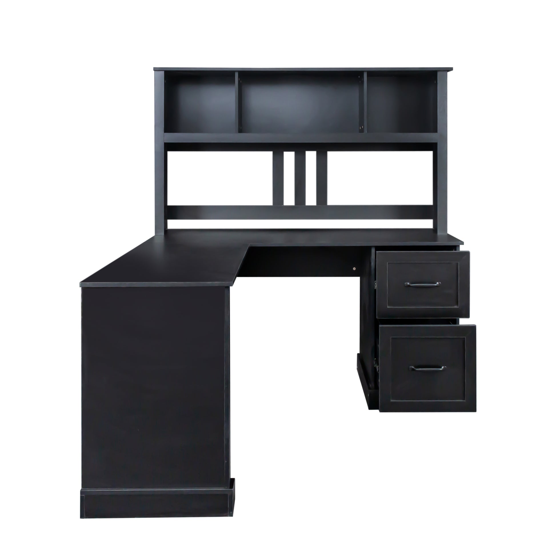 Home Office Computer Desk With Hutch, Antiqued Black Finish Black Mdf