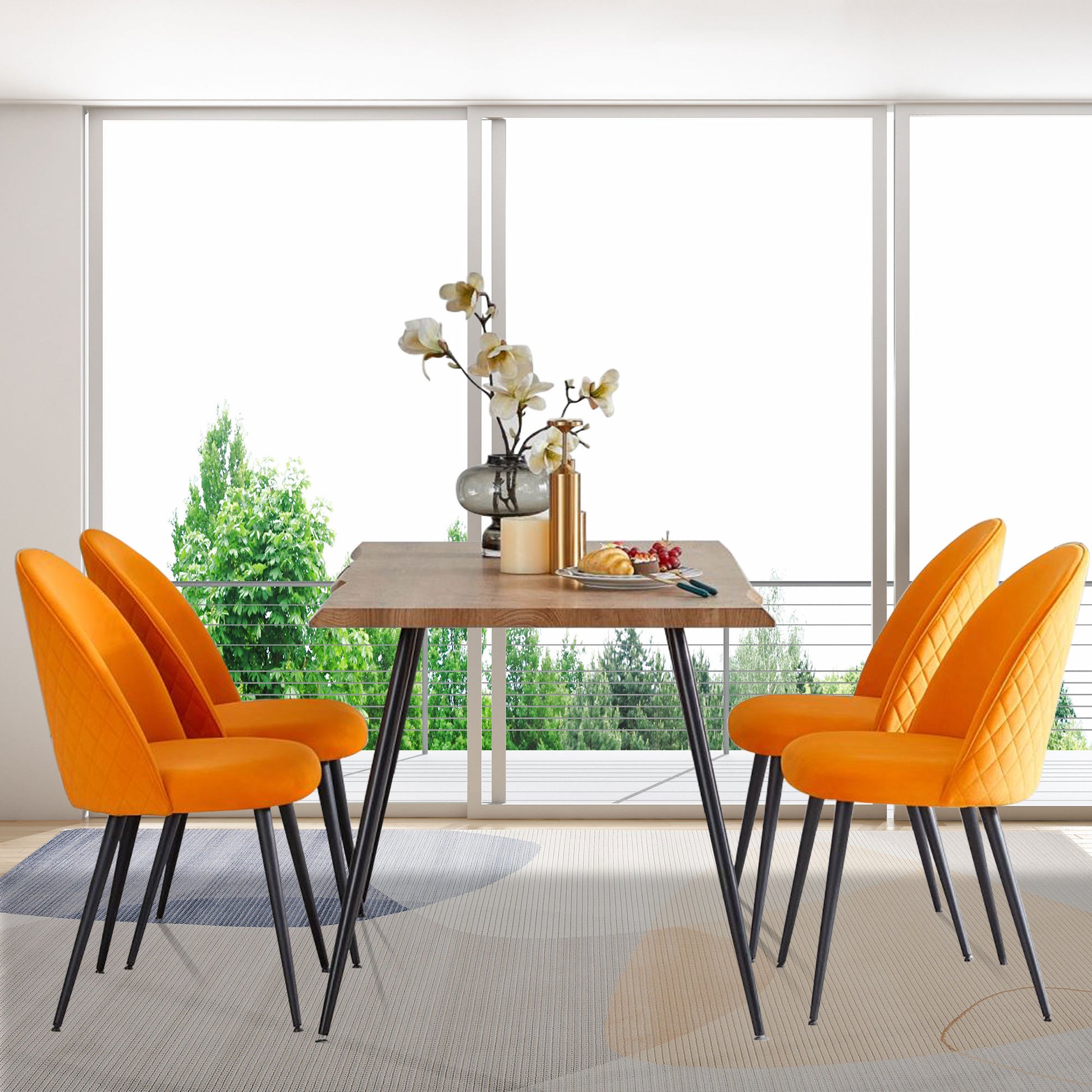 Dining Chair, Orange Velvet, Metal Black Legs, Set Of 4 Side Chairs Metal Plaid Orange Dining Room Powder Coated Foam Dry Clean Modern Dining Chairs Solid Back Foam Velvet