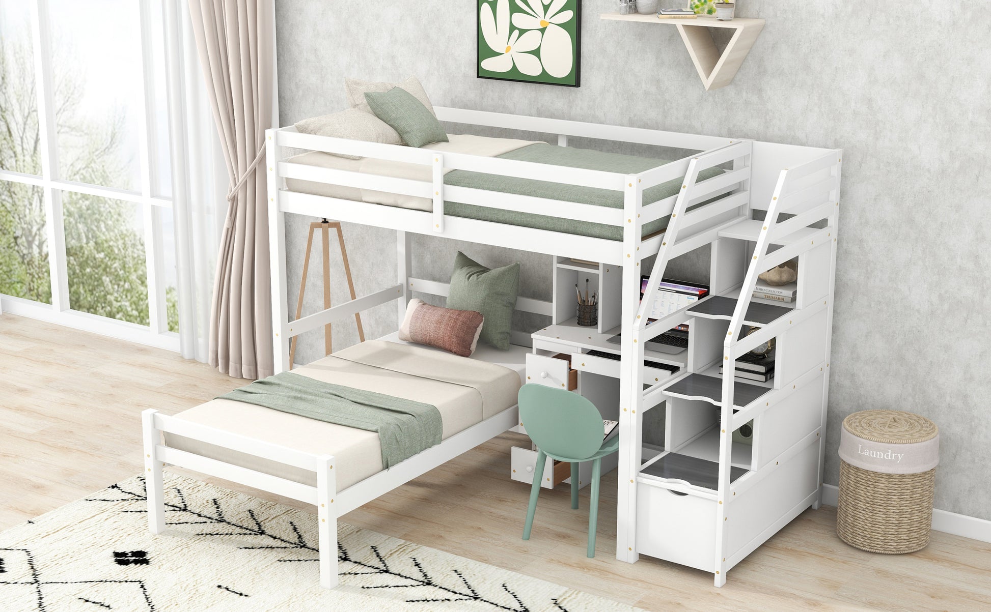 Twin Size Loft Bed With A Stand Alone Bed, Storage Staircase, Desk, Shelves And Drawers, White White Pine