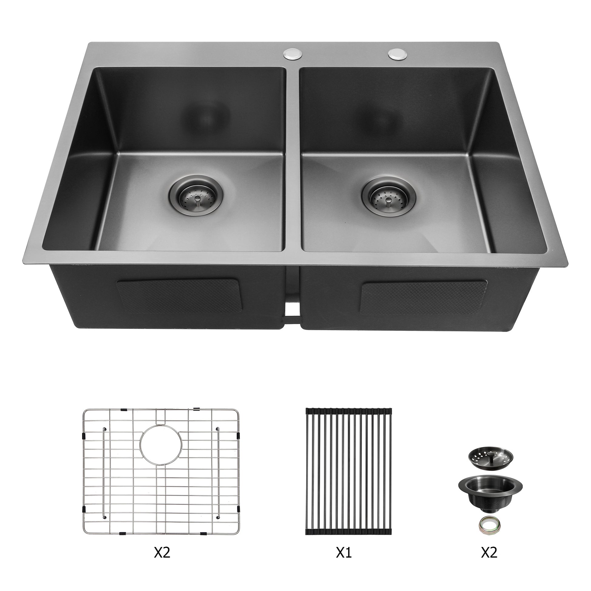 Double Bowl Drop In Sink 33"X22" Gunmetal Black Double Bowl Kitchen Sink 16 Gauge With Two 10" Deep Basin Gunmetal Black Stainless Steel