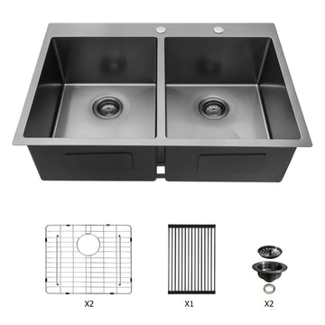 Double Bowl Drop In Sink 33"X22" Gunmetal Black Double Bowl Kitchen Sink 16 Gauge With Two 10" Deep Basin Gunmetal Black Stainless Steel