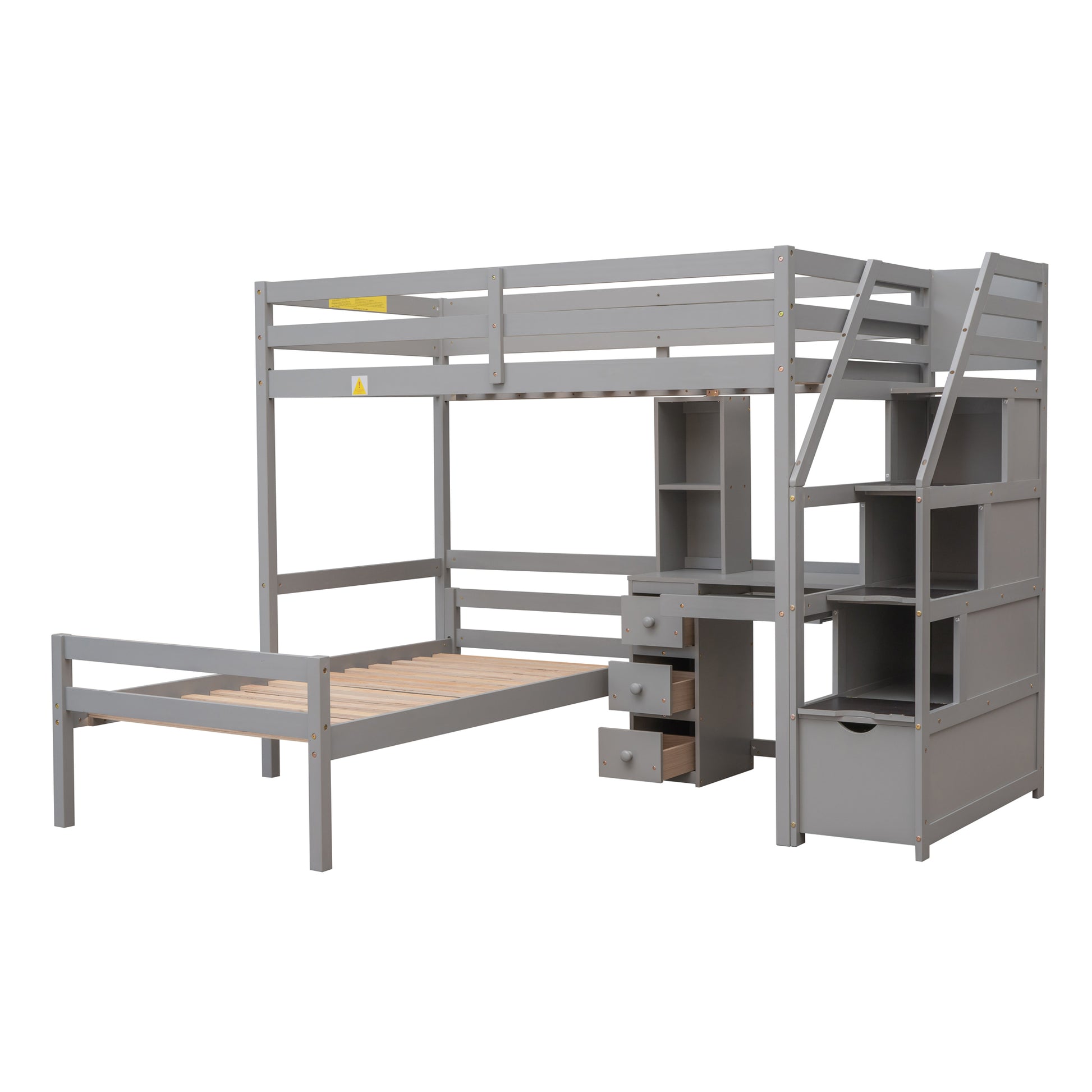 Twin Size Loft Bed With A Stand Alone Bed, Storage Staircase, Desk, Shelves And Drawers, Gray Gray Pine