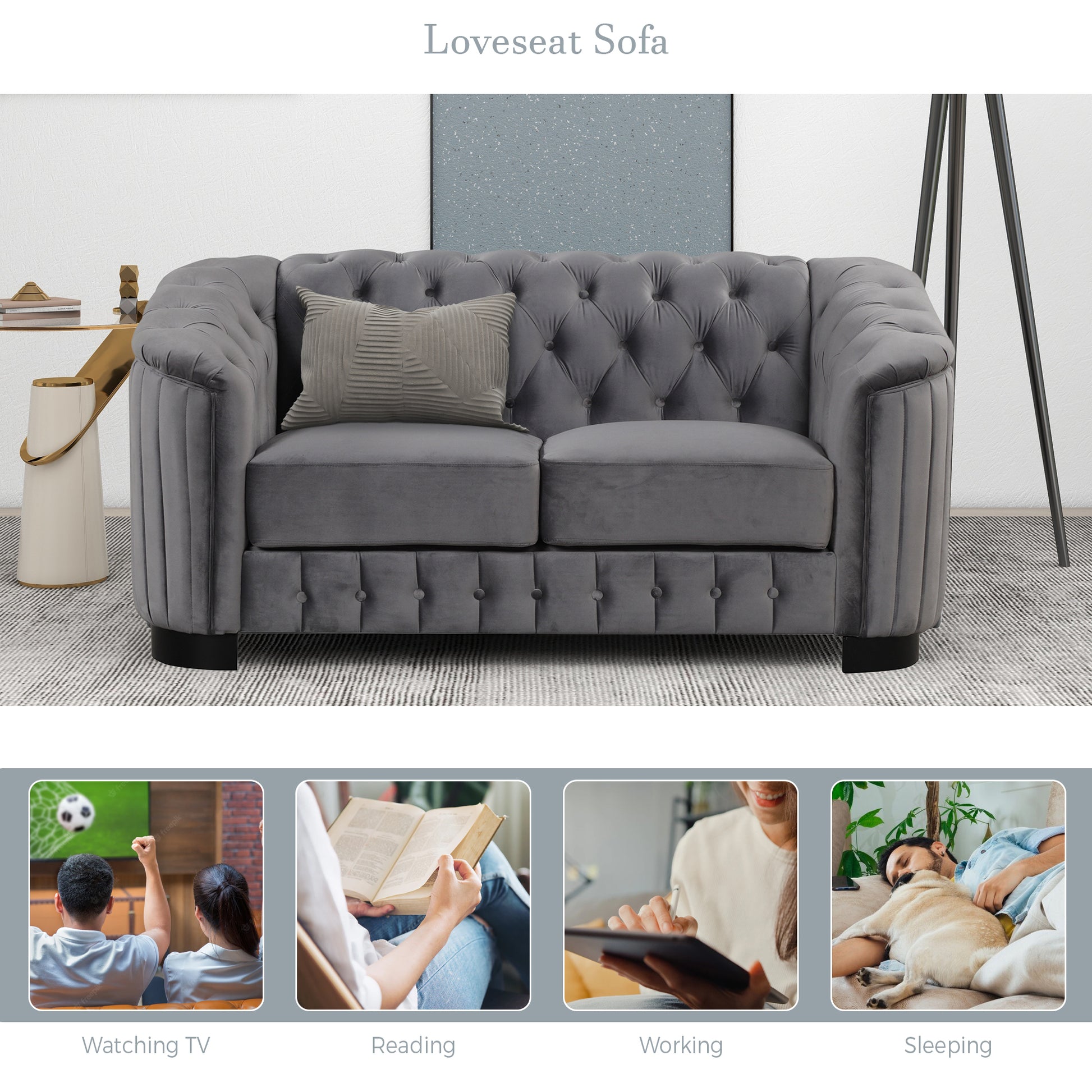 64" Velvet Upholstered Loveseat Sofa,Modern Loveseat Sofa With Thick Removable Seat Cushion,2 Person Loveseat Sofa Couch For Living Room,Bedroom,Or Small Space,Gray Gray Foam Velvet